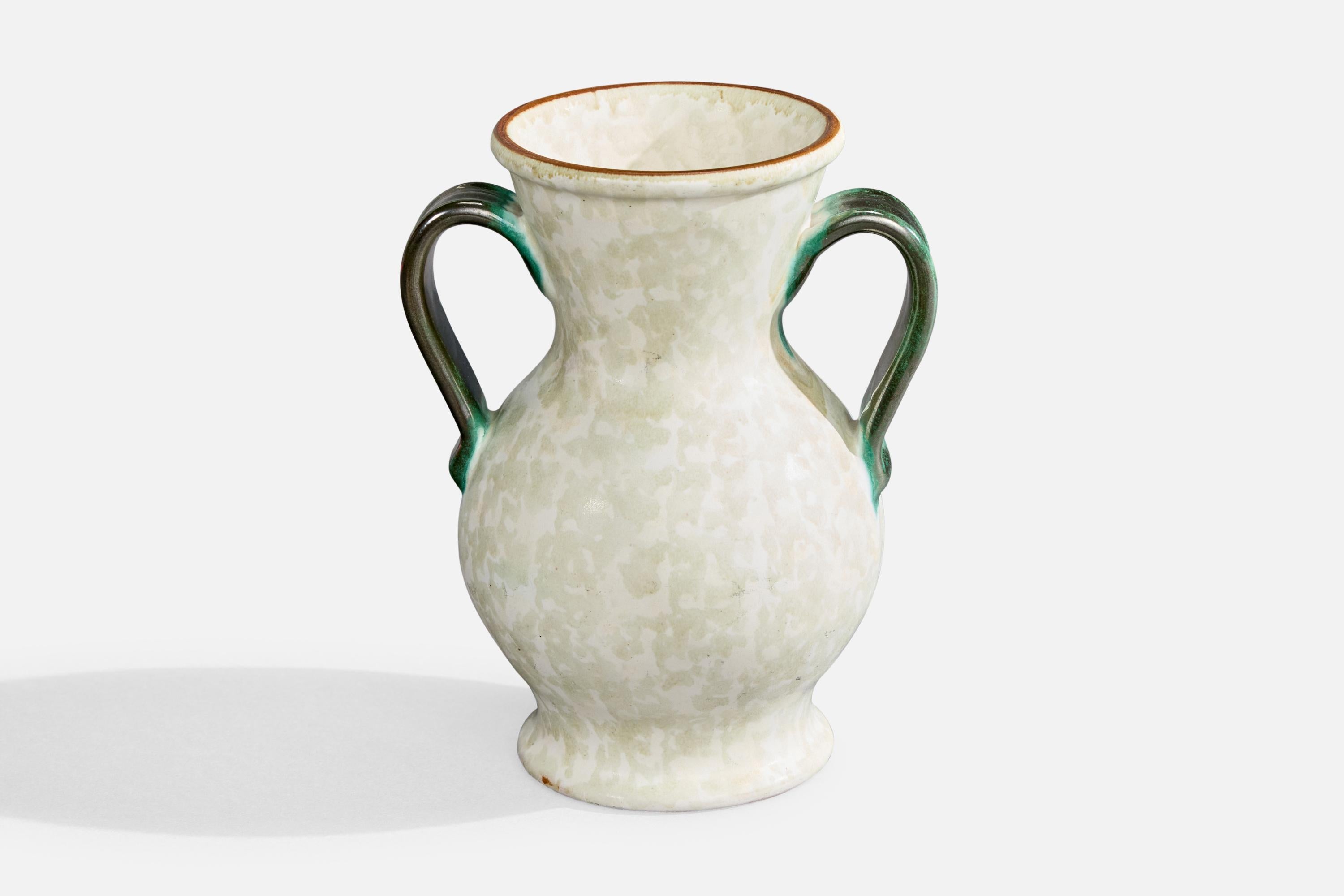 A green and off-white glazed earthenware vase produced by Upsala Ekeby, Sweden, c. 1930s.

Overall Dimensions (inches): 7.0