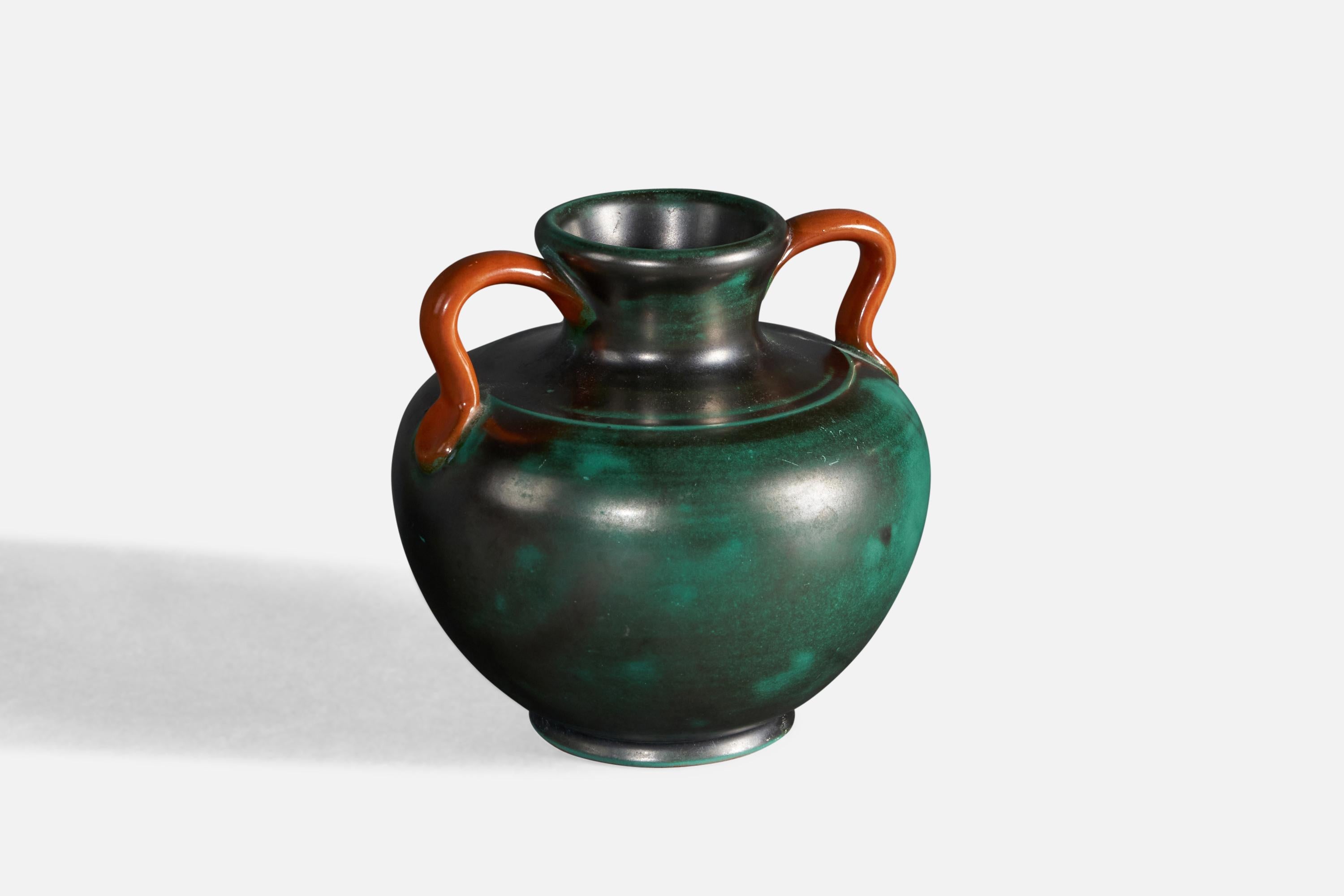 A green and orange-glazed earthenware vase, designed and produced by Upsala Ekeby, Sweden, c. 1930s.