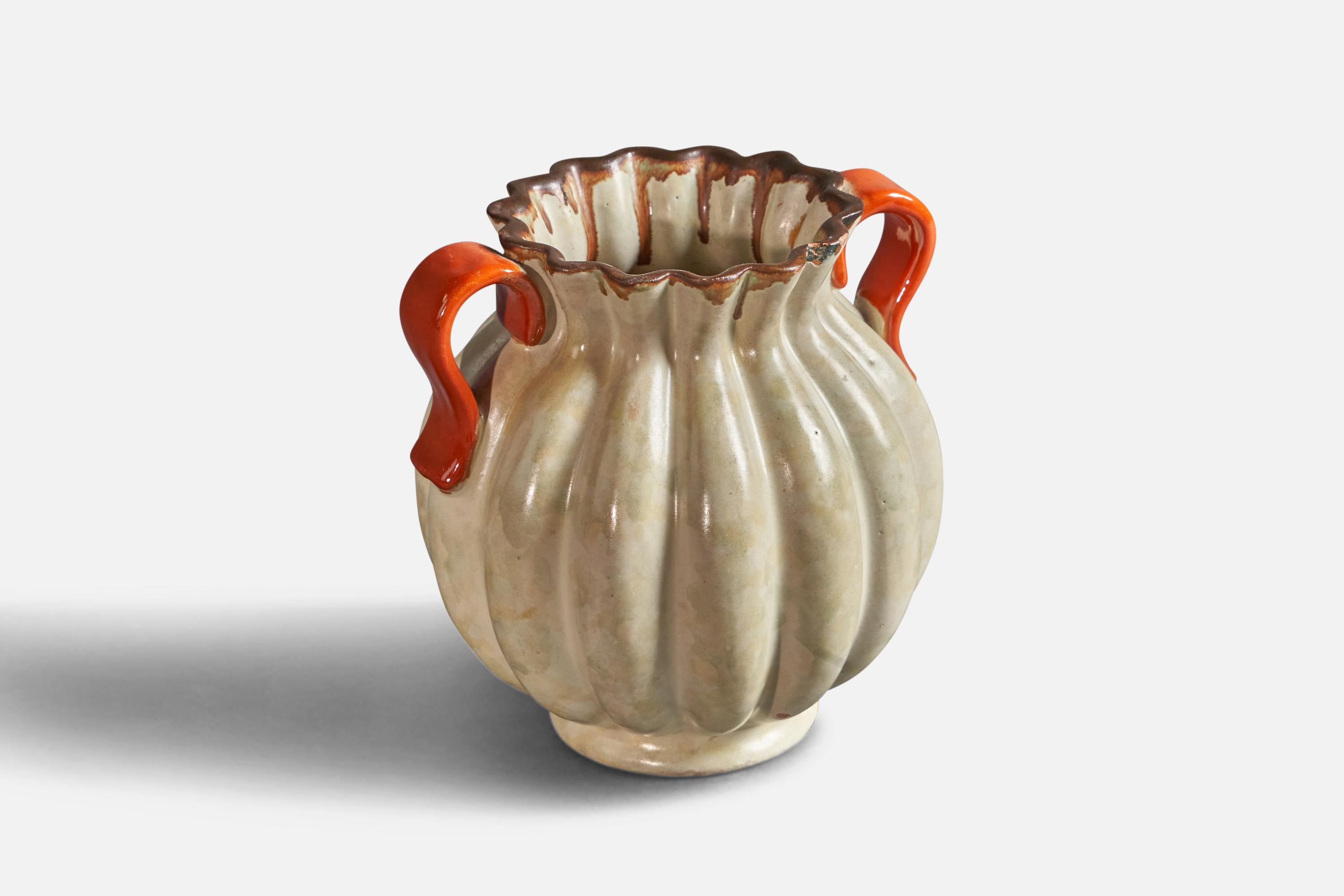A beige and orange-glazed earthenware vase, designed and produced by Upsala Ekeby, Sweden, 1930s.