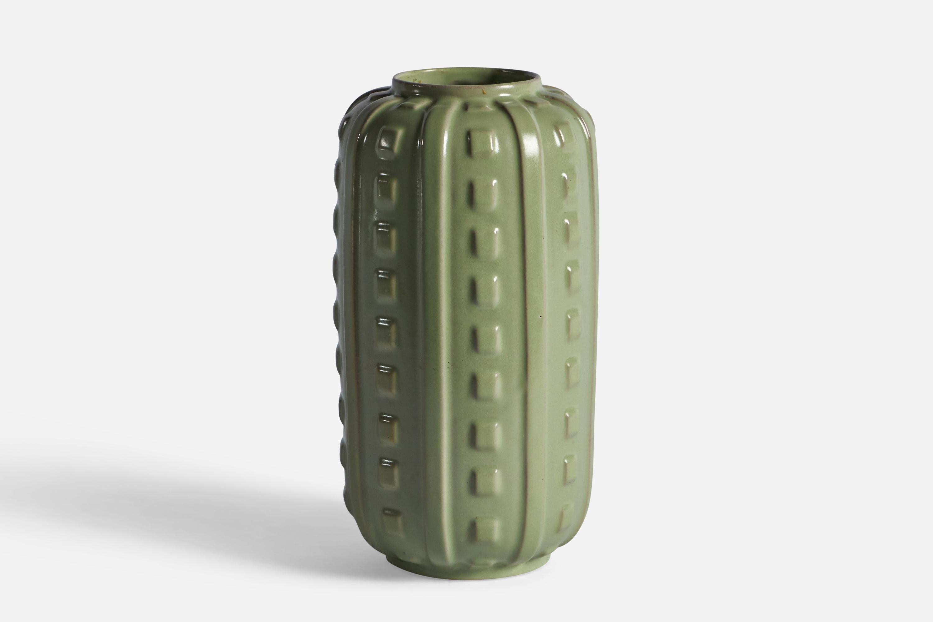 A green-glazed vase designed and produced by Upsala Ekeby, Sweden, c. 1940s.