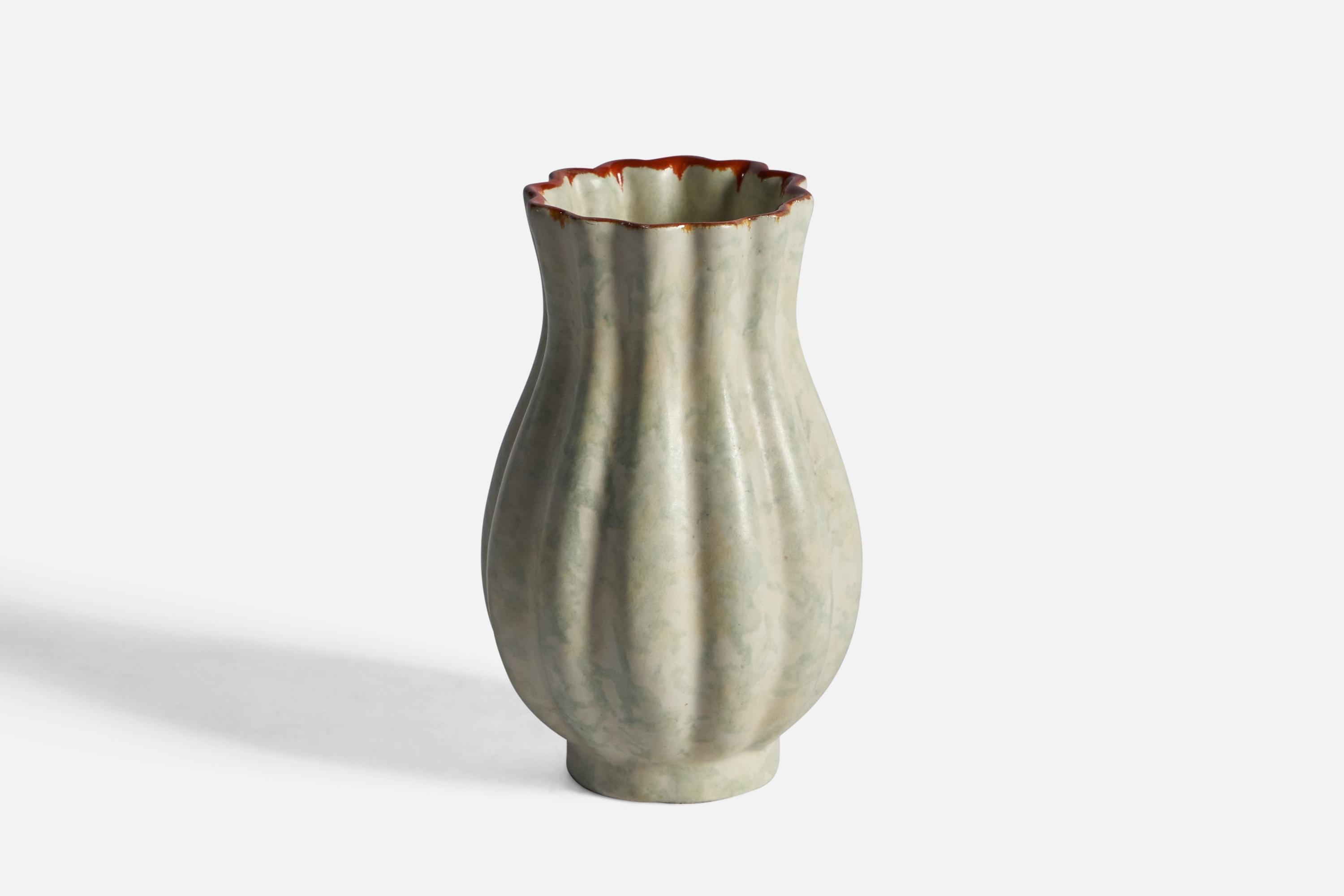 A fluted grey-glazed earthenware vase, designed and produced by Upsala Ekeby, Sweden, c. 1940s.