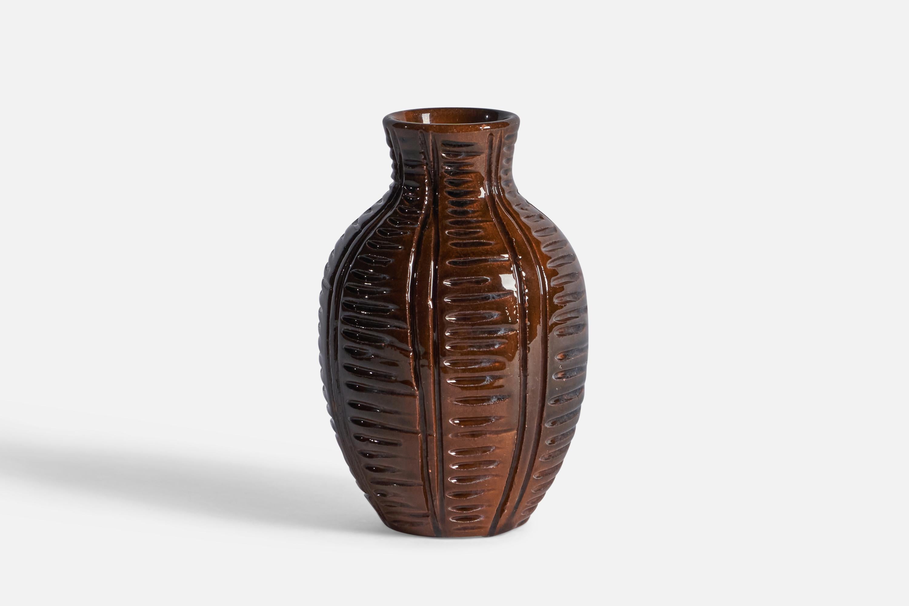 A brown-glazed incised vase designed and produced by Upsala Ekeby, Sweden, c. 1950s.