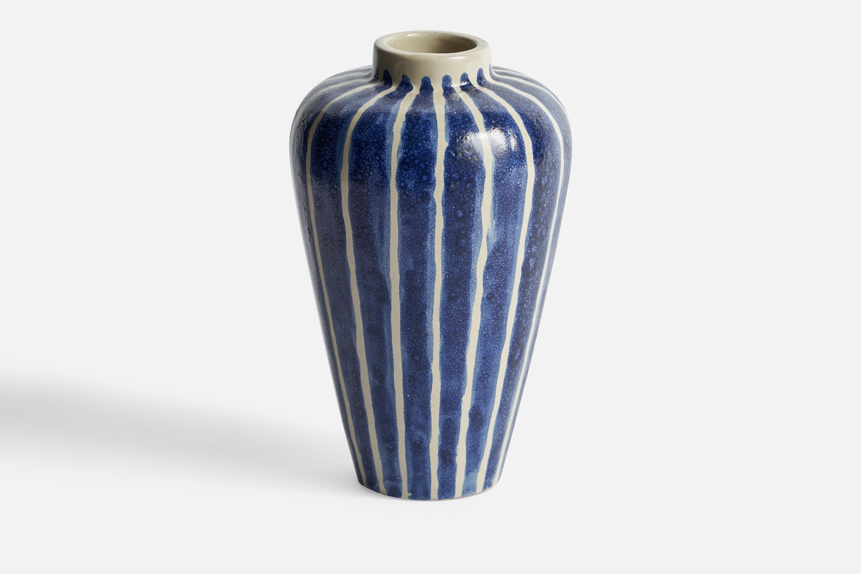 A hand-painted blue and white earthenware vase by Upsala Ekeby, Sweden, 1950s.