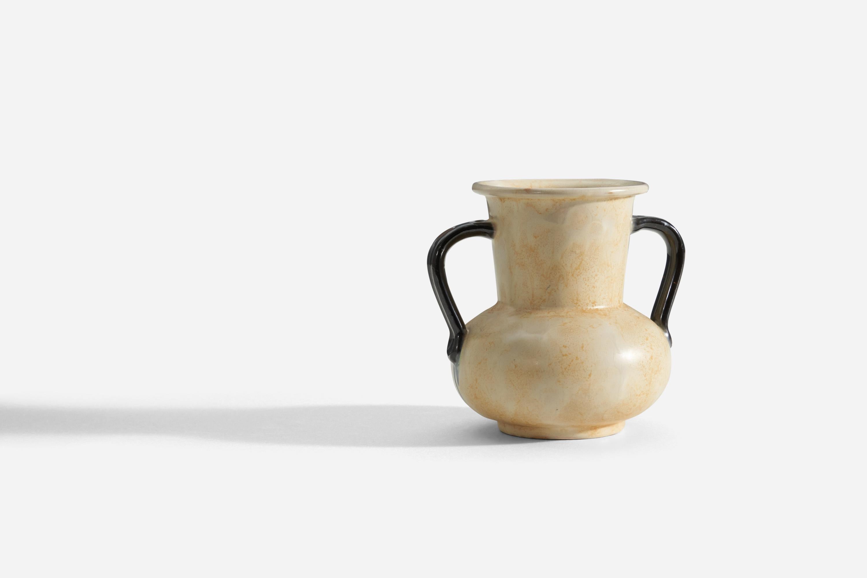 A yellow-glazed earthenware vase with handles produced by Upsala-Ekeby, Sweden, 1940s. 

