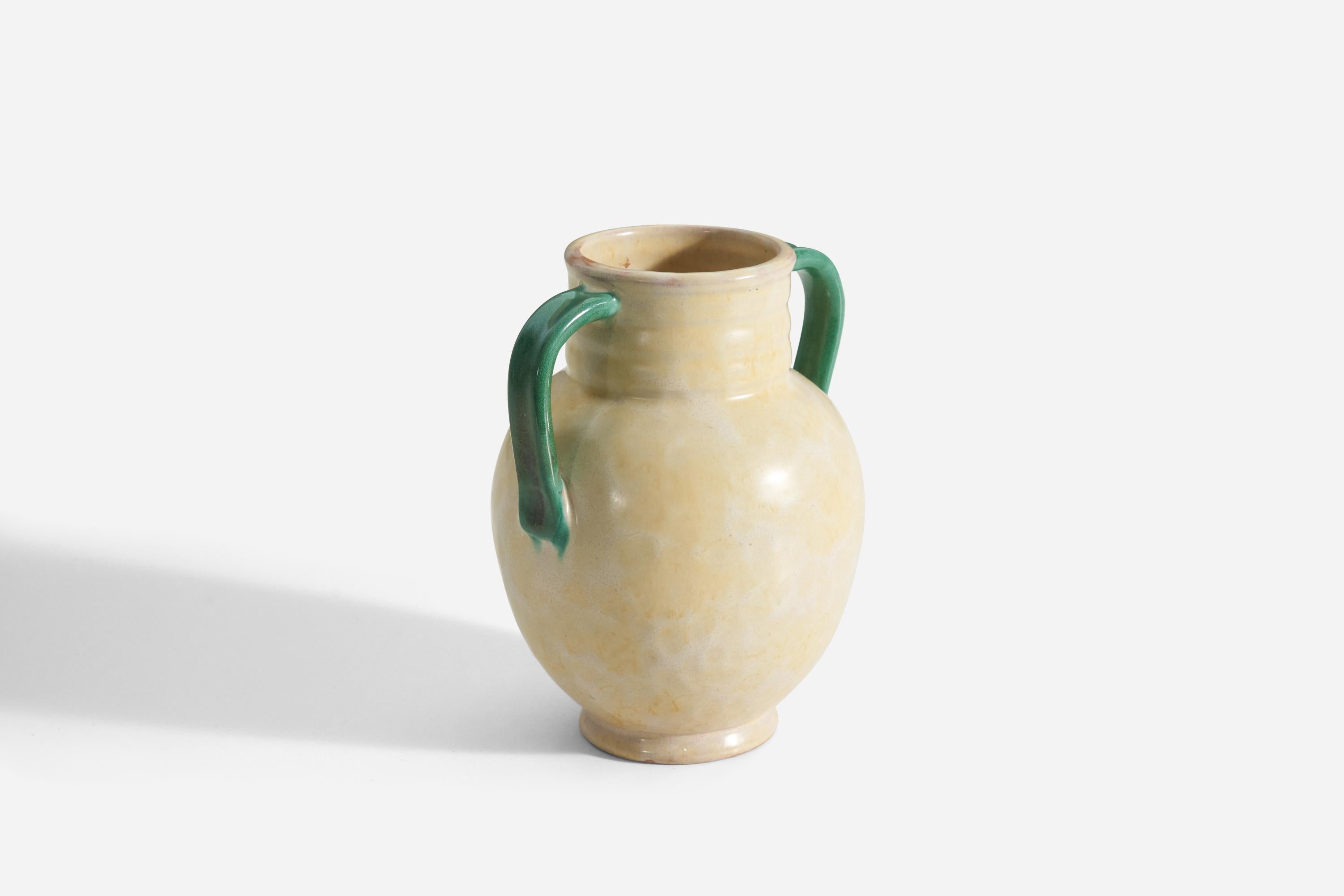 A yellow and green earthenware vase Produced by Upsala-Ekeby, Sweden, 1940s. 

