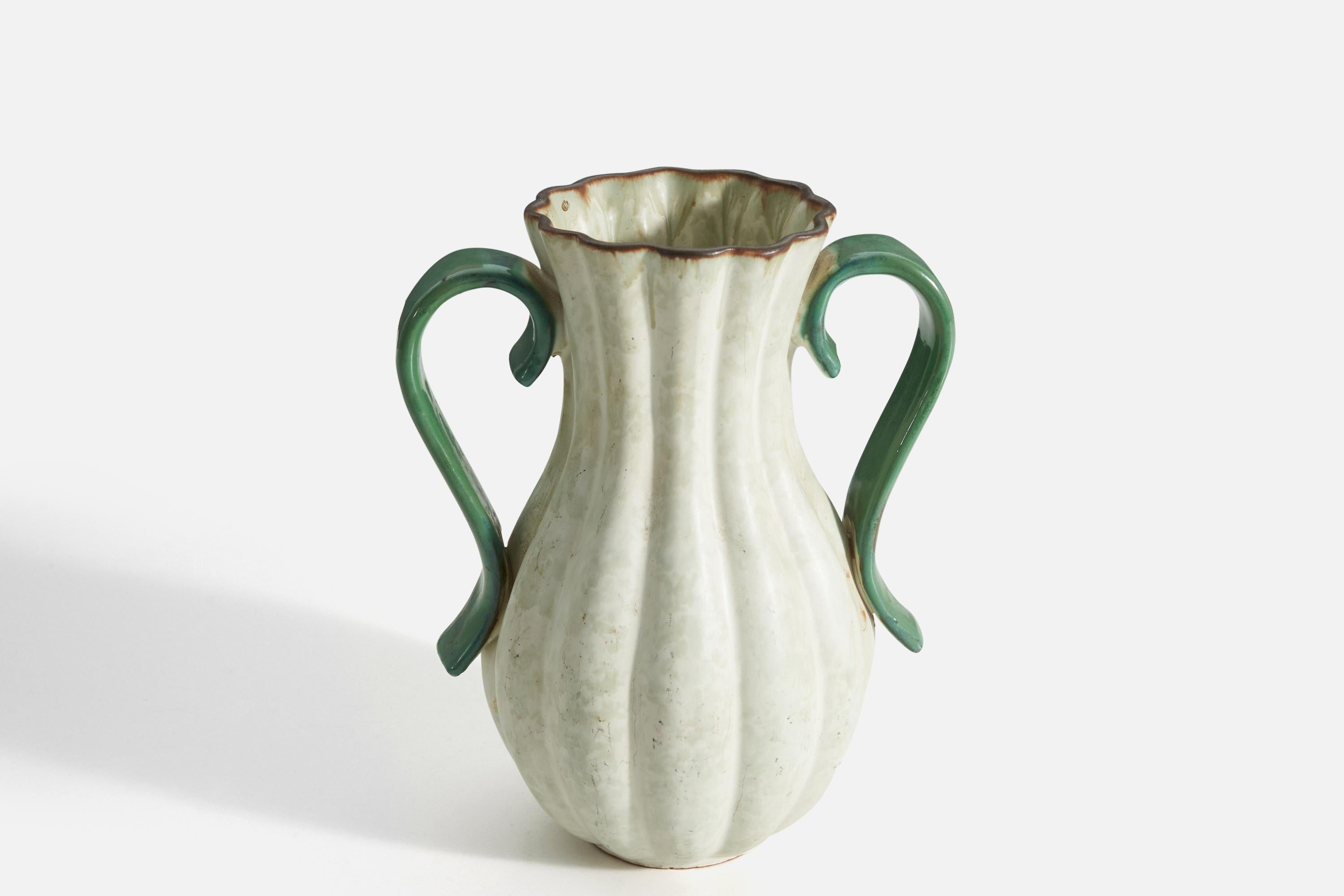A white-glazed, earthenware vase with green handles produced by Upsala-Ekeby, Sweden, 1930s-1940s.
 