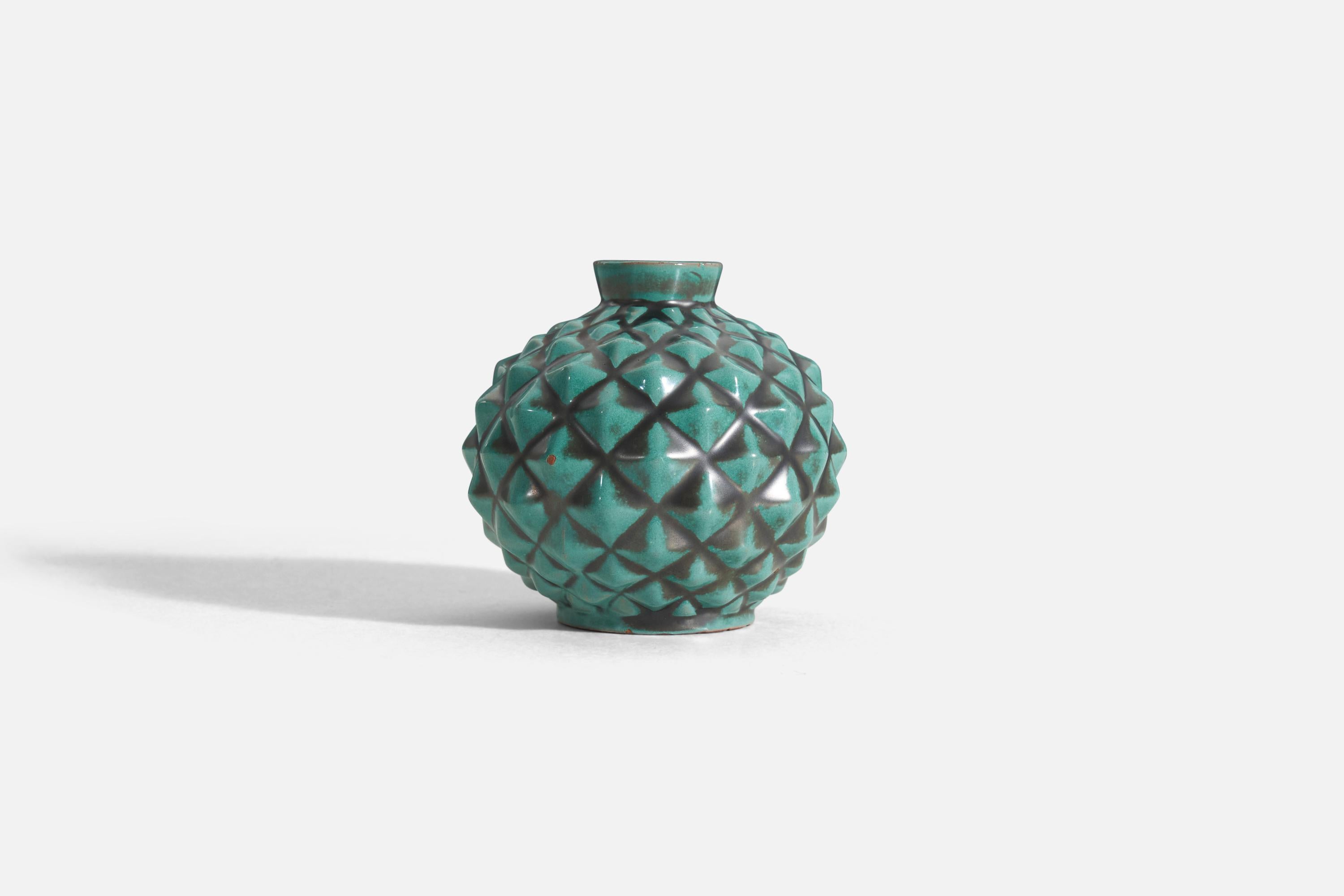 A green-glazed earthenware vase designed by Sven Erik Skawonius and produced by Upsala-Ekeby, Sweden, 1940s. 

 