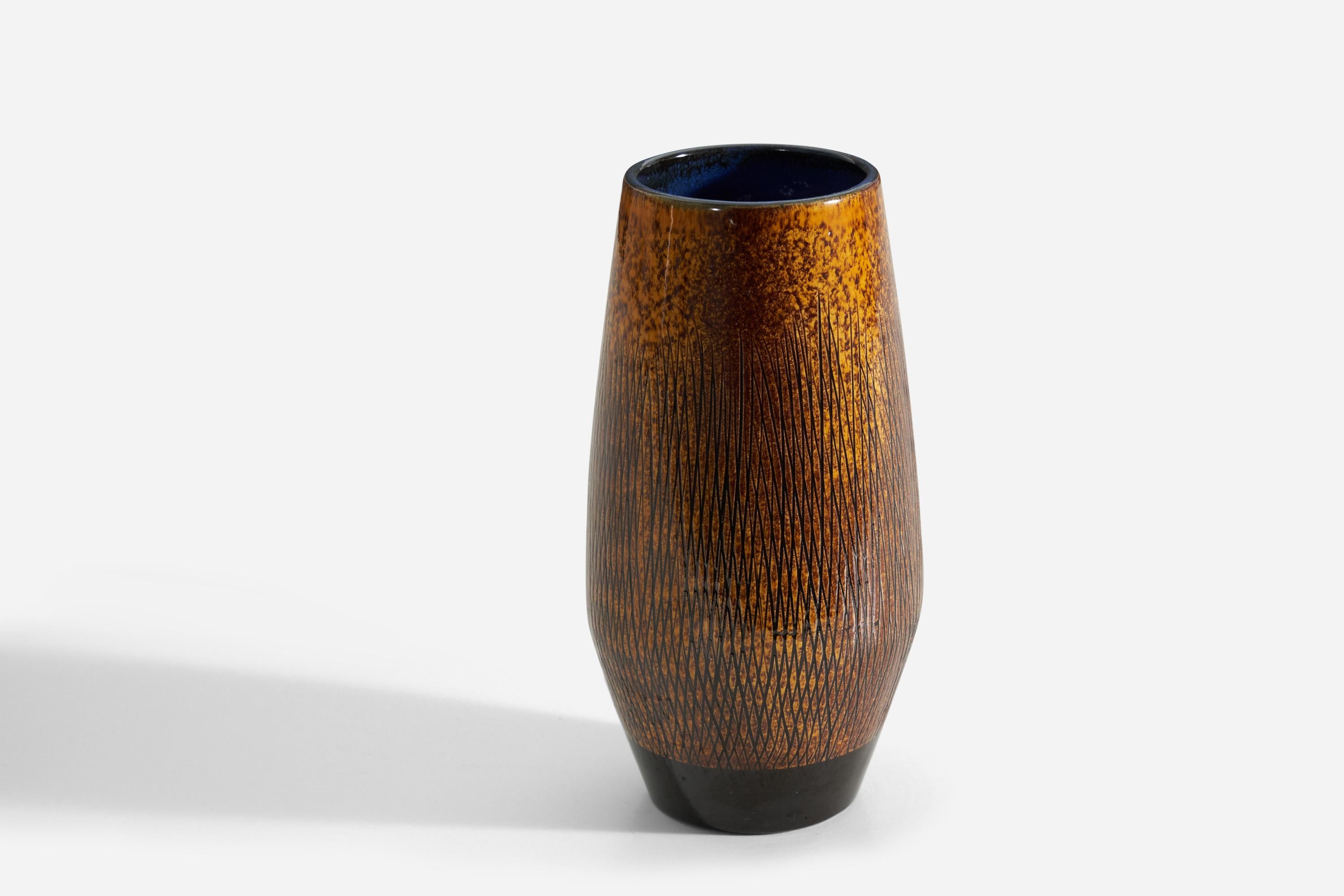 A brown and blue-glazed earthenware vase produced by Upsala-Ekeby, Sweden, 1950s-1960s. 

 