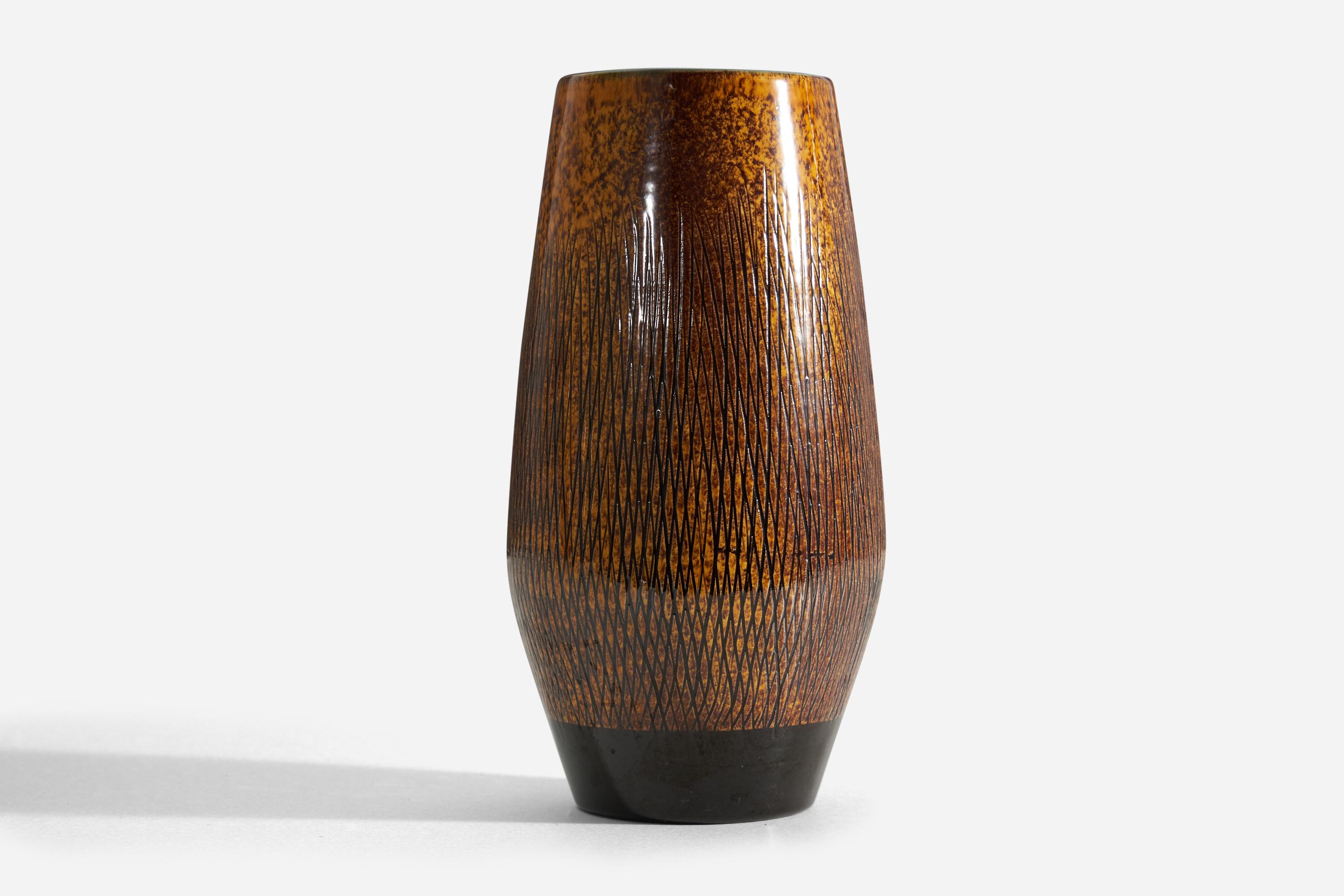 Art Deco Upsala-Ekeby, Vase, Glazed Incised Earthenware, Sweden, 1950s For Sale