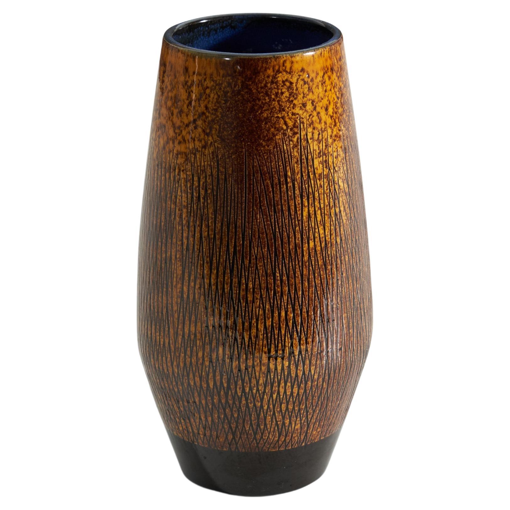 Upsala-Ekeby, Vase, Glazed Incised Earthenware, Sweden, 1950s For Sale