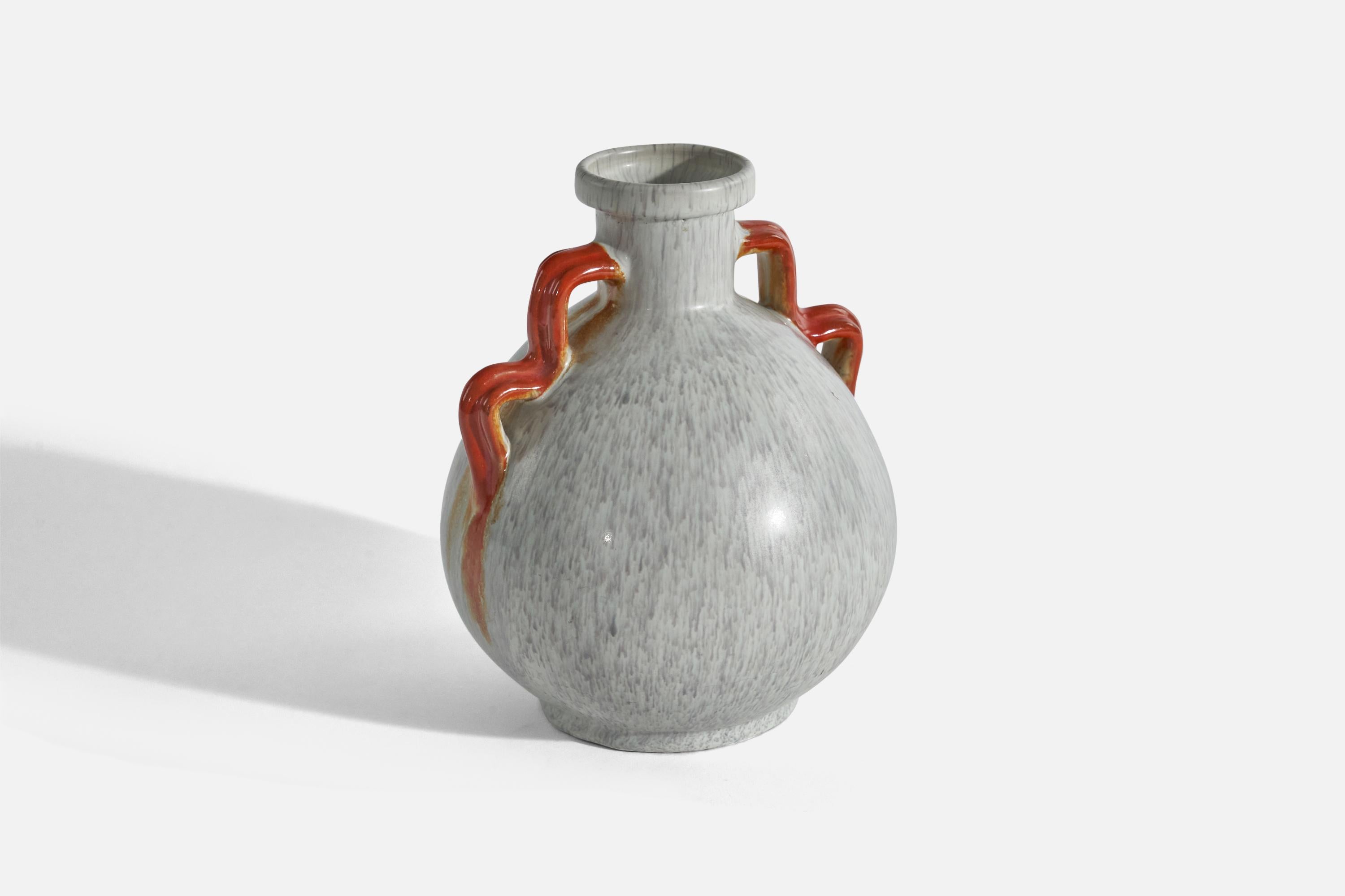 A gray and red, glazed earthenware vase designed and produced by Upsala-Ekeby, Sweden, 1940s.

