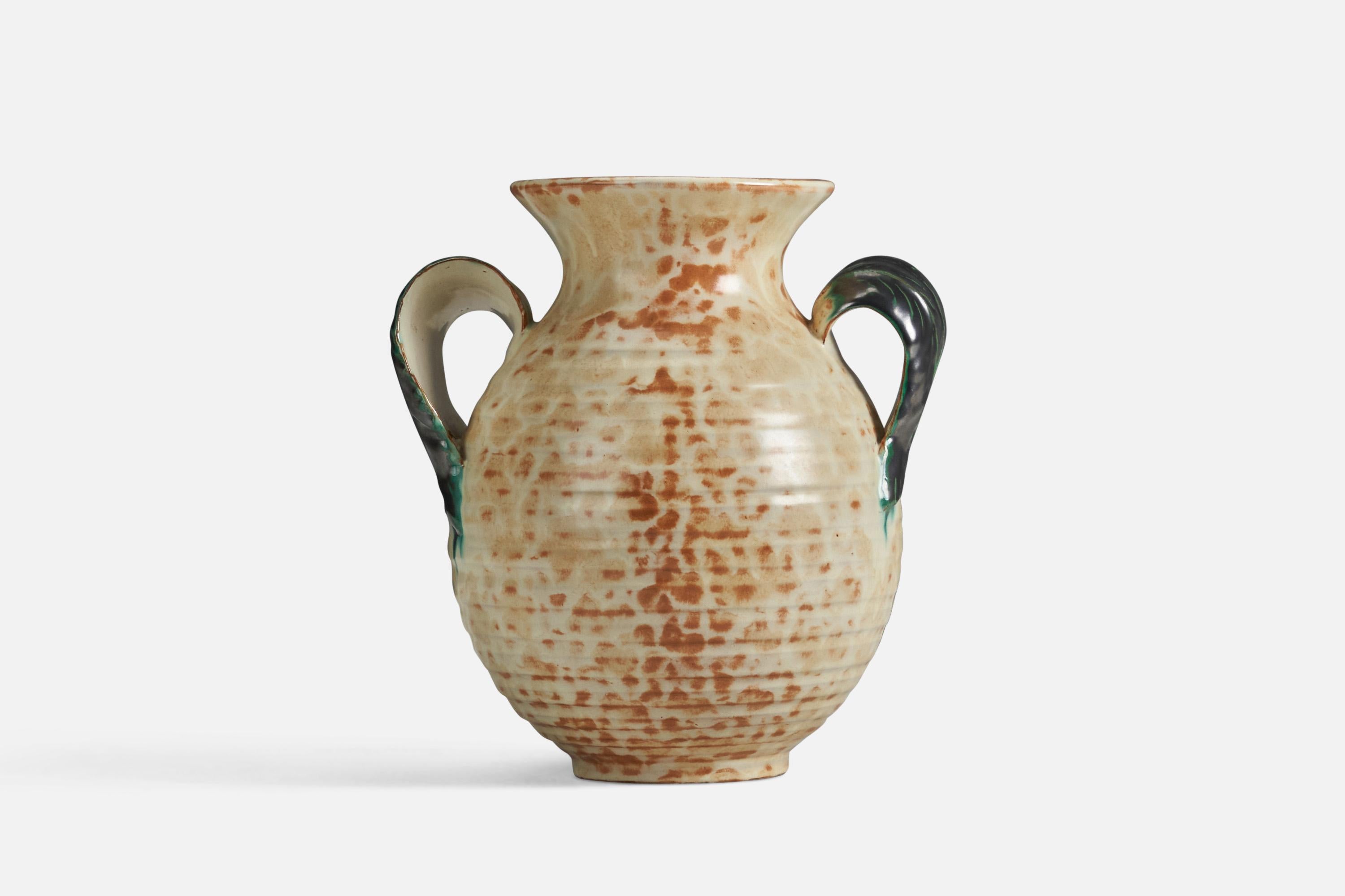 Vaso in terracotta smaltata marrone, beige e verde, progettato e prodotto da Upsala Ekeby, Svezia, 1940.