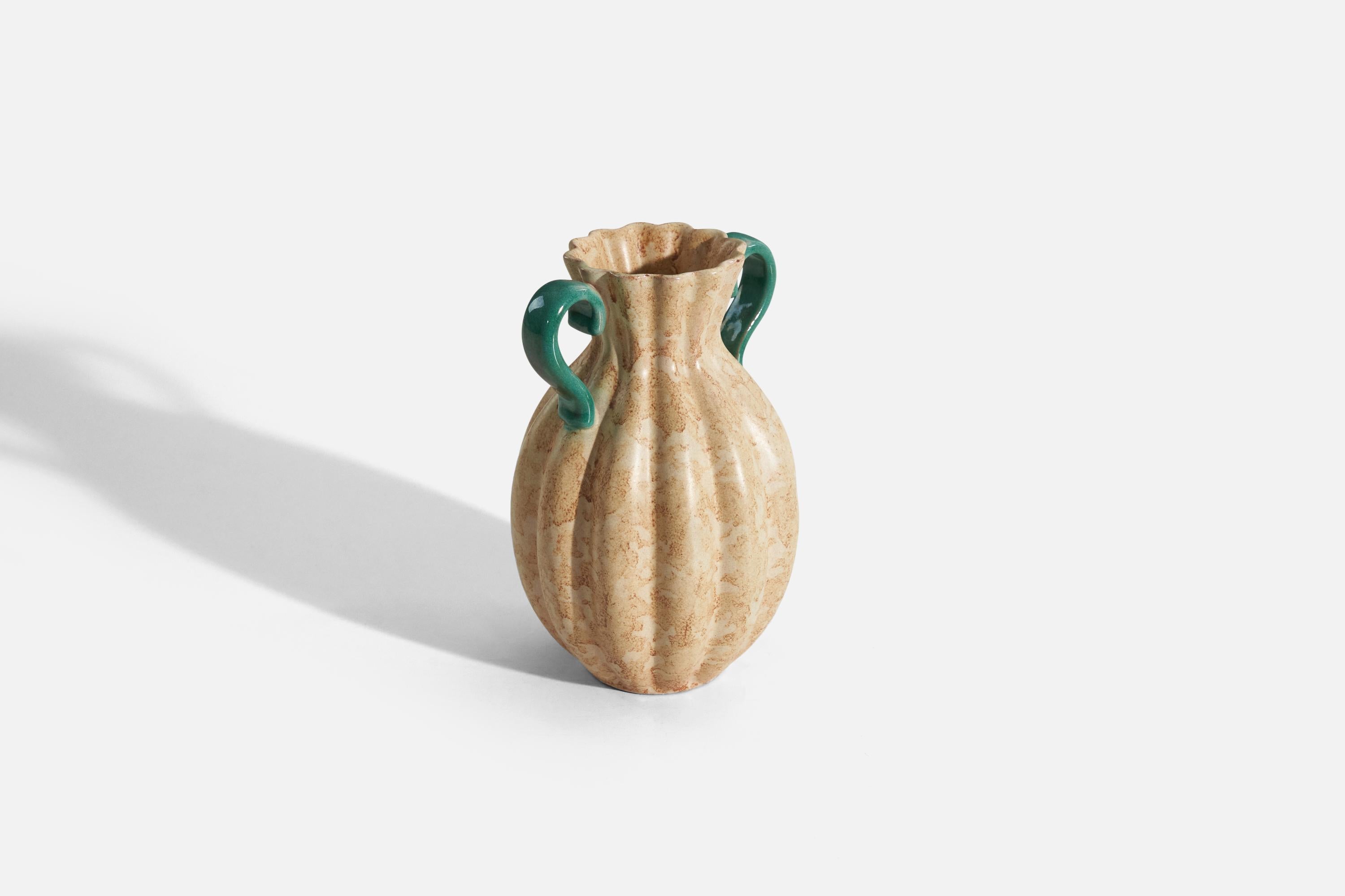 Vase vonsala-Ekeby, grün und beige glasiertes Steingut, Schweden, 1940er Jahre (Skandinavische Moderne) im Angebot