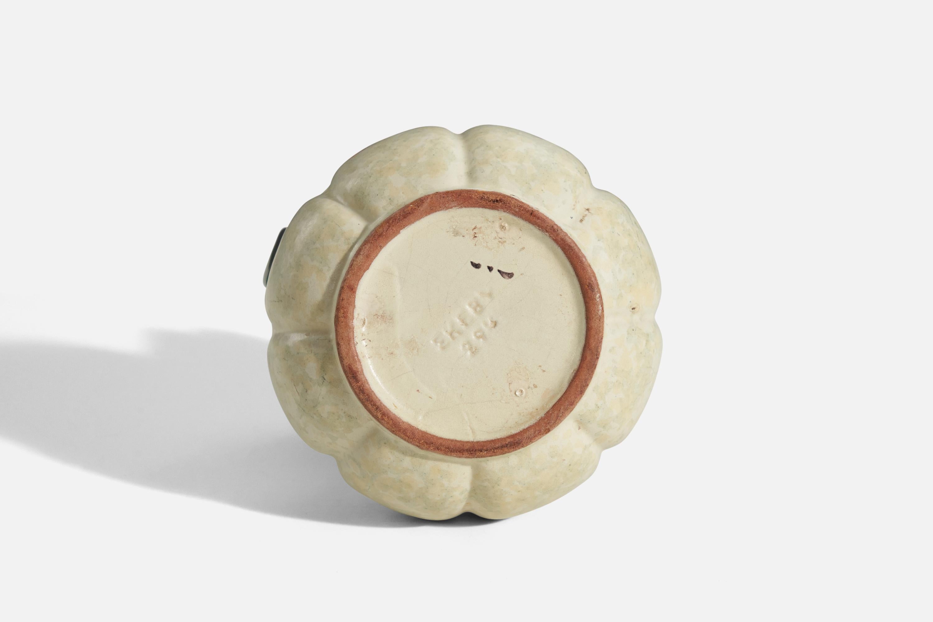 Vase vonsala-Ekeby, grün und beige glasiertes Steingut, Schweden, 1940er Jahre (Mitte des 20. Jahrhunderts) im Angebot