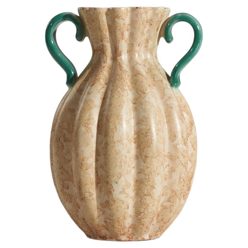 Upsala-Ekeby, Vase, Green And Beige-Glazed Earthenware, Sweden, 1940s