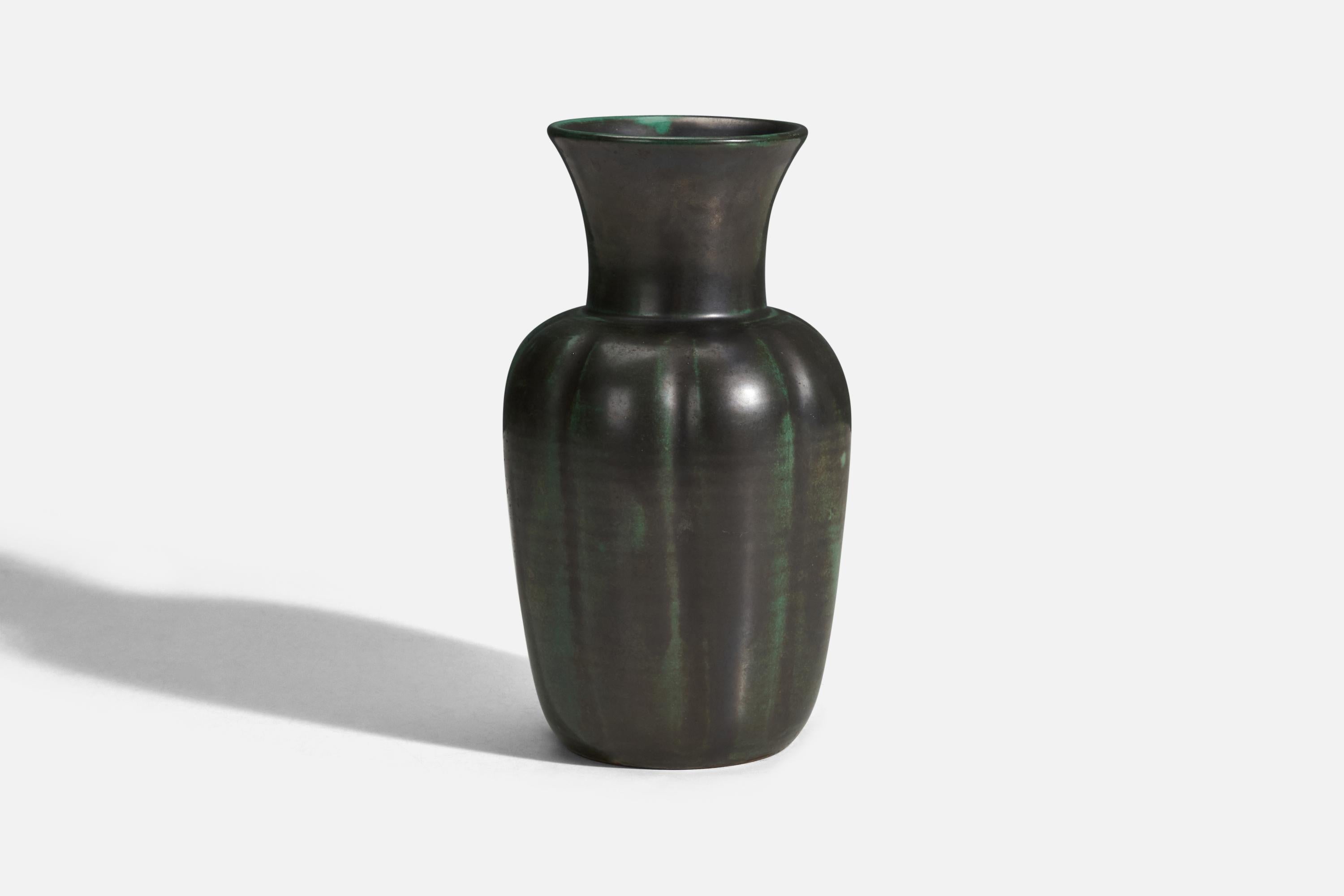 A green and black glazed earthenware vase designed and produced by Upsala-Ekeby, Sweden, 1940s.
