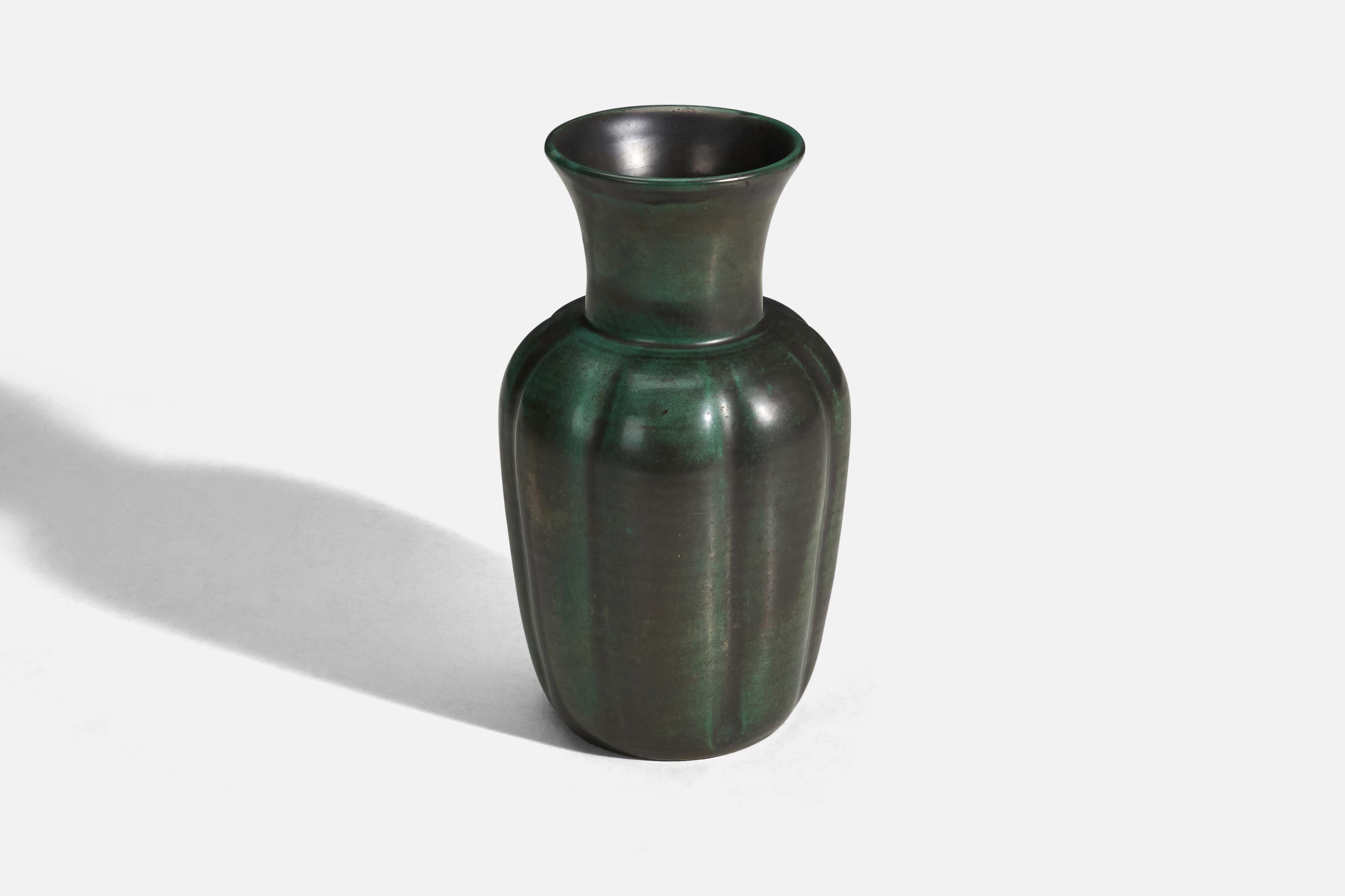 Scandinavian Modern Upsala-Ekeby, Vase, Green and Black Glazed Earthenware, Sweden, 1940s For Sale