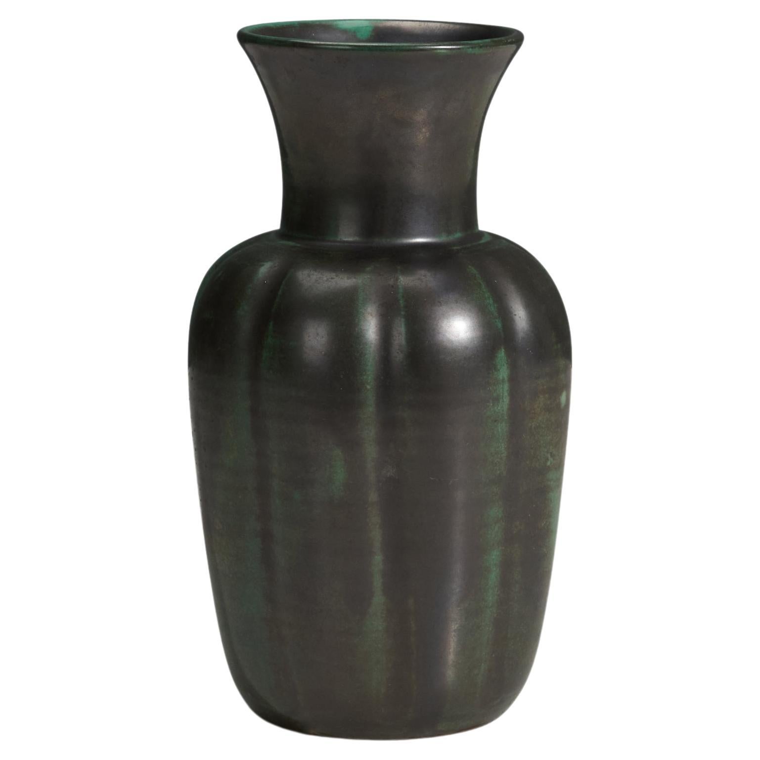 Upsala-Ekeby, Vase, Green and Black Glazed Earthenware, Sweden, 1940s For Sale