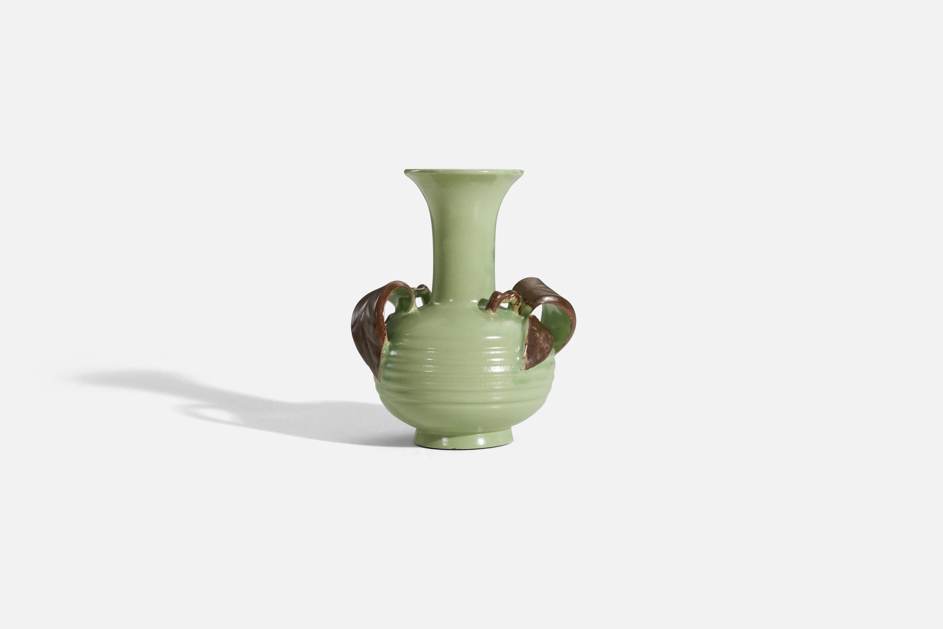 A green and brown, glazed earthenware vase designed and produced by Upsala-Ekeby, Sweden, 1940s.
 