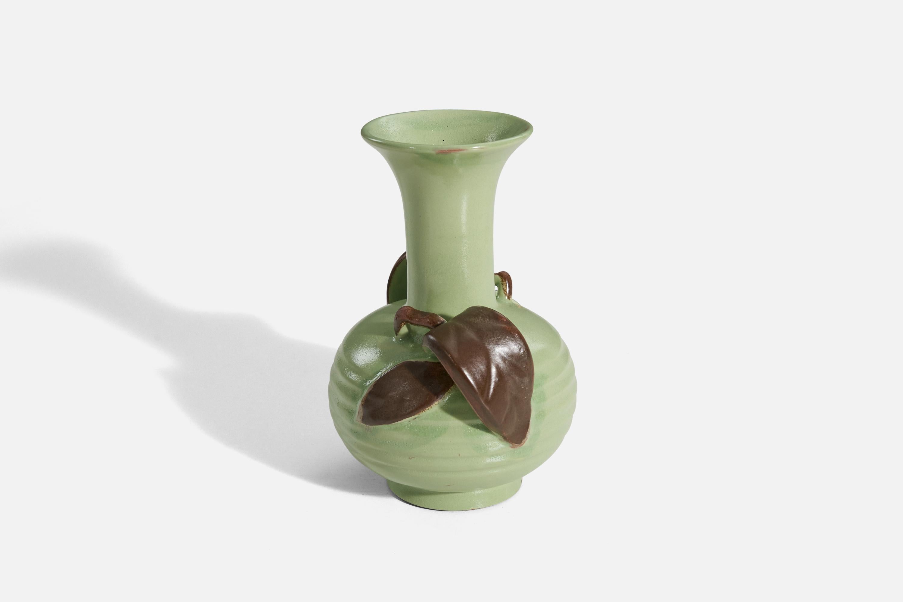 Art Deco Upsala-Ekeby, Vase, Green and Brown-Glazed Earthenware, Sweden, 1940s For Sale