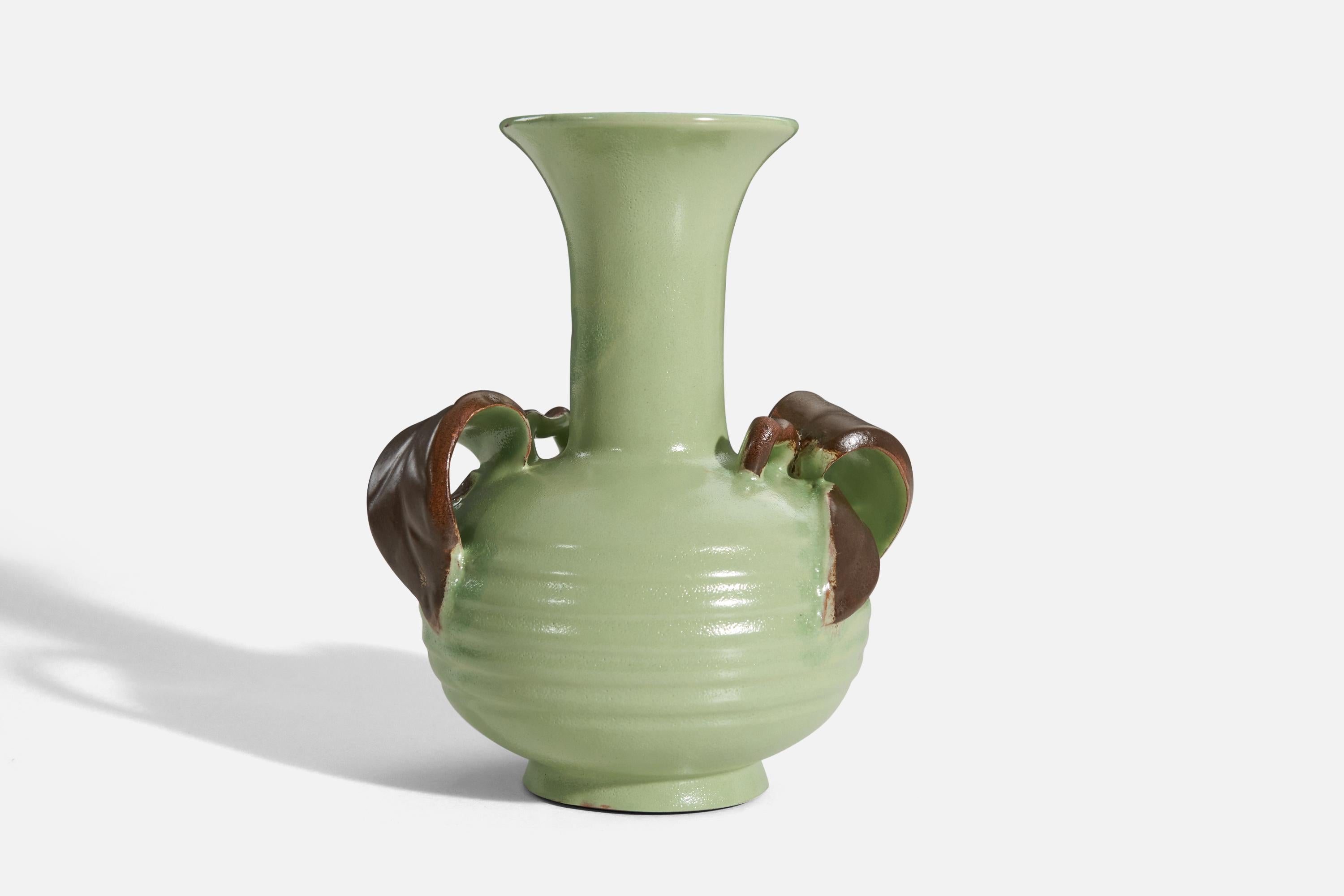 Swedish Upsala-Ekeby, Vase, Green and Brown-Glazed Earthenware, Sweden, 1940s For Sale