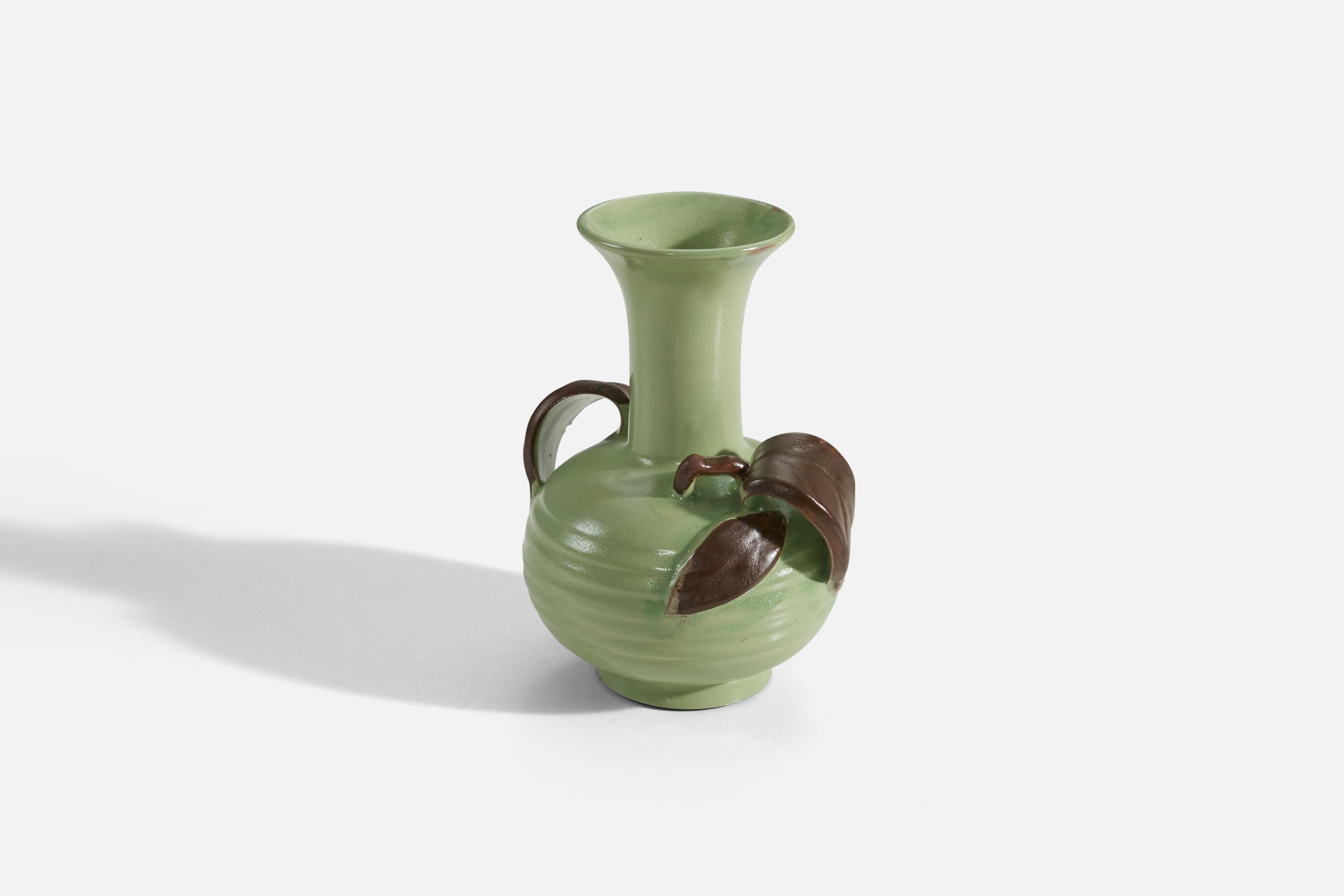 Upsala-Ekeby, Vase, Green and Brown-Glazed Earthenware, Sweden, 1940s In Good Condition For Sale In High Point, NC