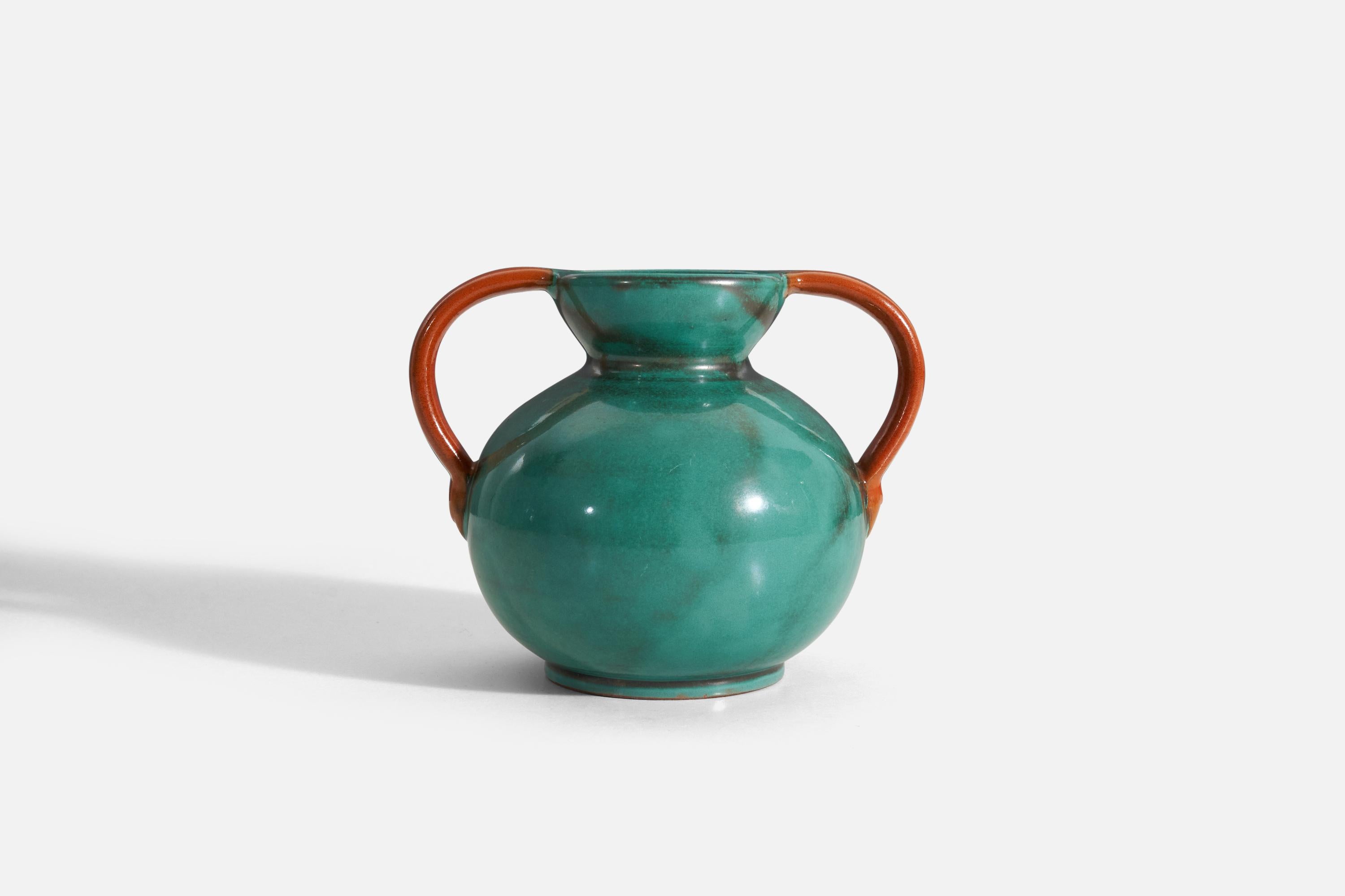 A vase produced by Upsala-Ekeby, Sweden, 1940s. In orange and green-glazed earthenware.

 
