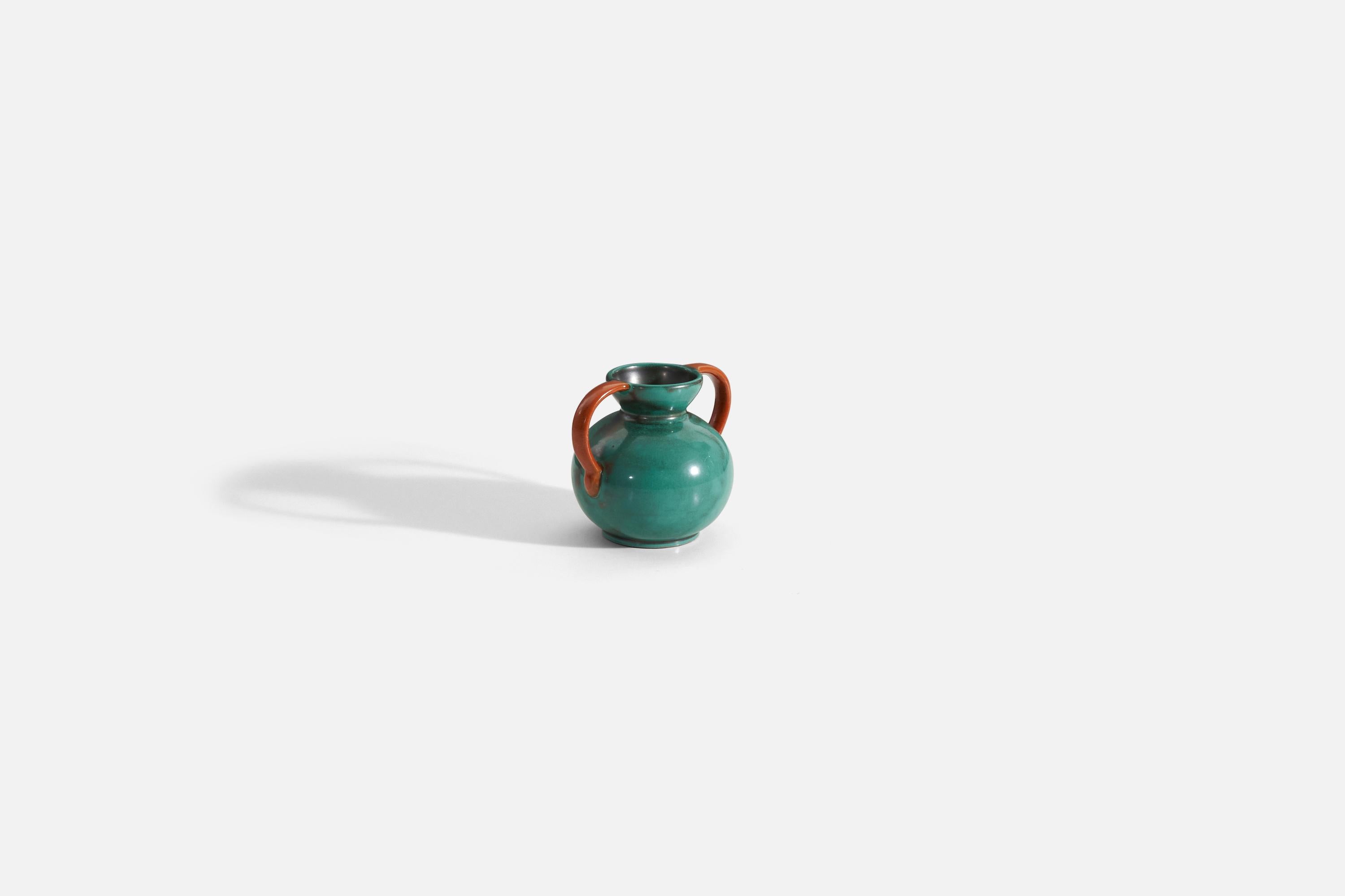 Art Deco Upsala-Ekeby, Vase, Green and Orange-Glazed Earthenware, Sweden, 1940s For Sale