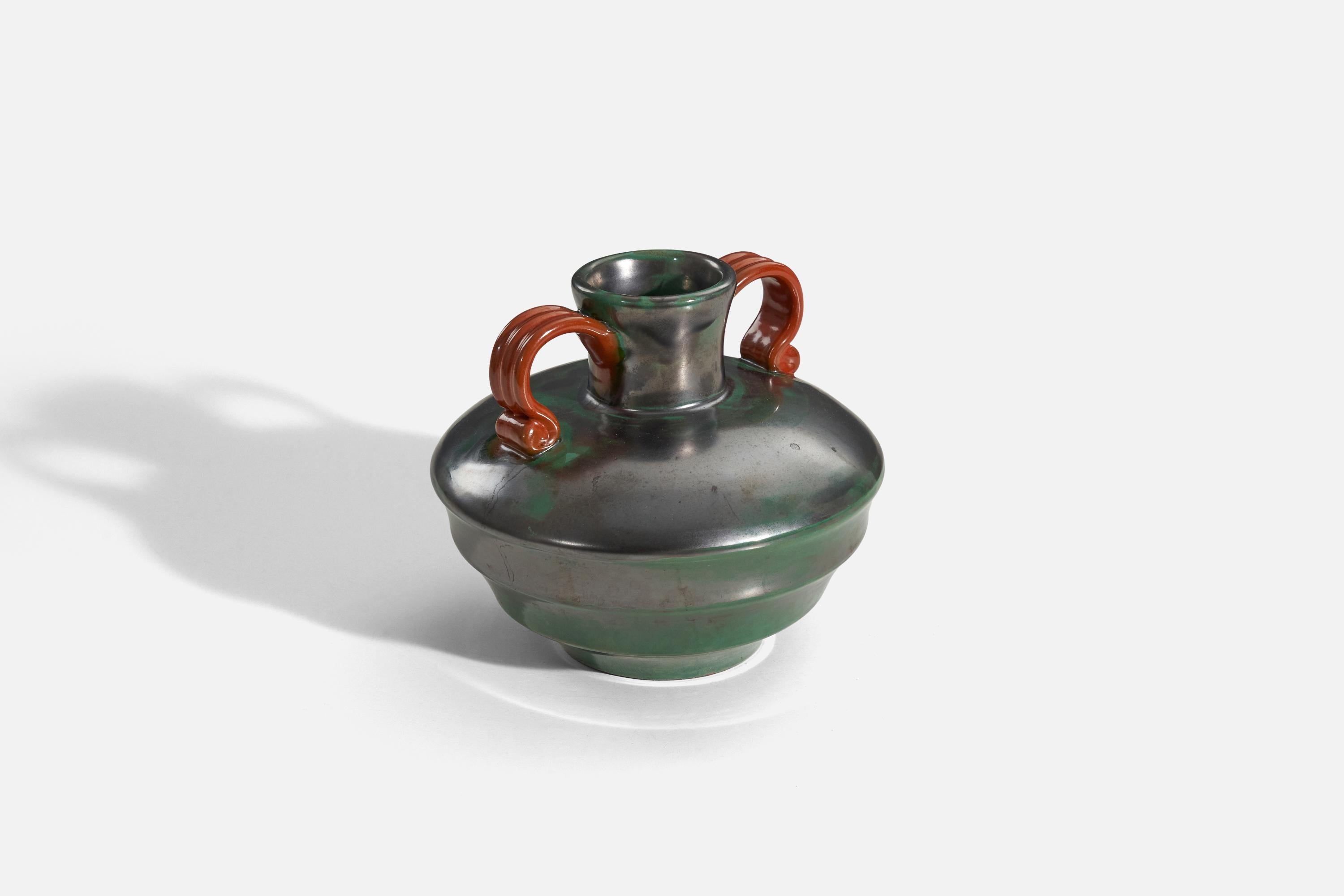 Scandinavian Modern Upsala-Ekeby, Vase, Green and Orange-Glazed Earthenware, Sweden, 1940s