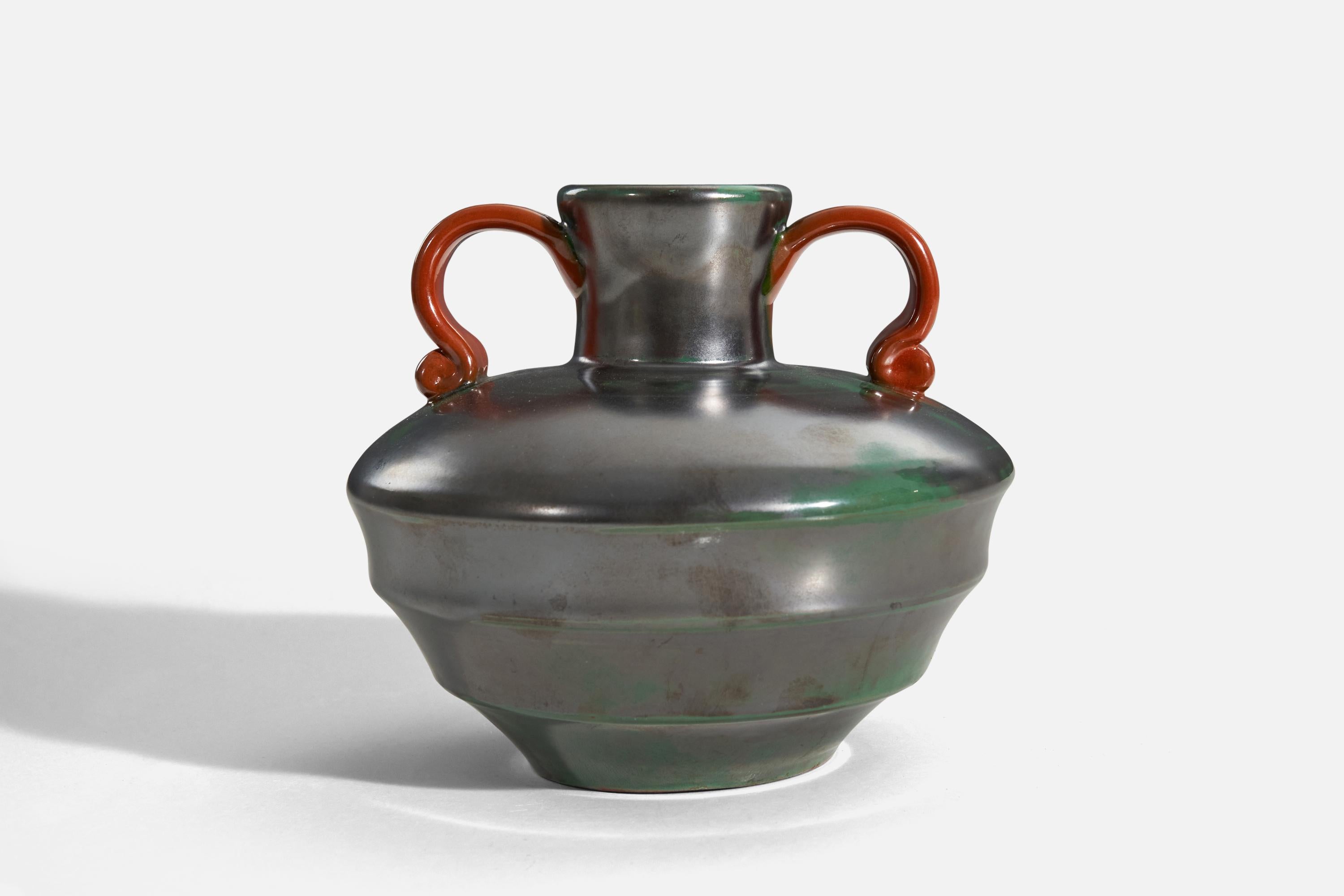 Swedish Upsala-Ekeby, Vase, Green and Orange-Glazed Earthenware, Sweden, 1940s