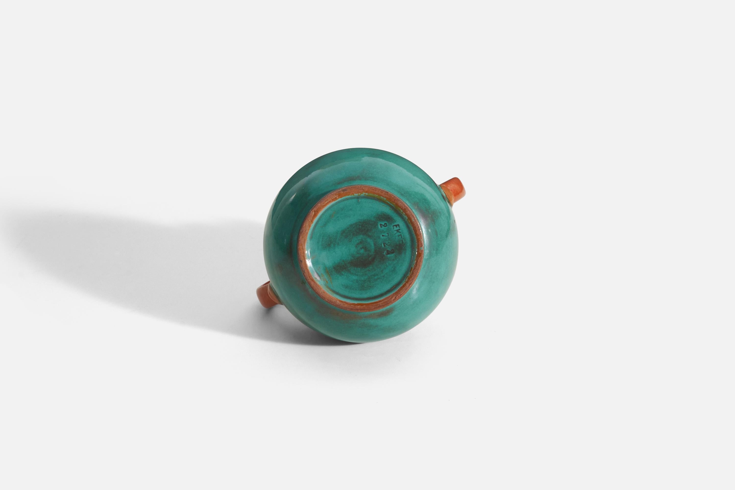 Mid-20th Century Upsala-Ekeby, Vase, Green and Orange-Glazed Earthenware, Sweden, 1940s For Sale