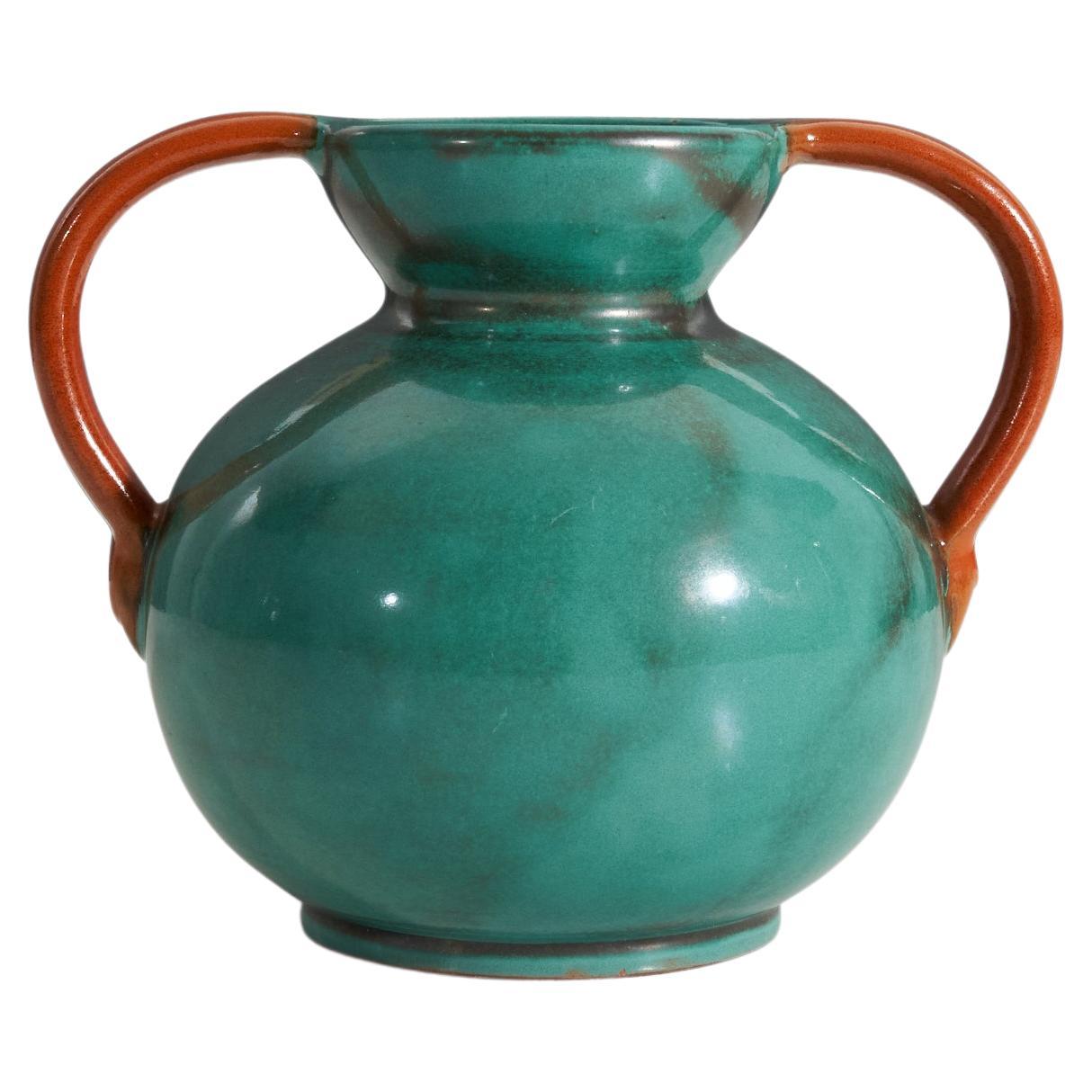Upsala-Ekeby, Vase, Green and Orange-Glazed Earthenware, Sweden, 1940s For Sale