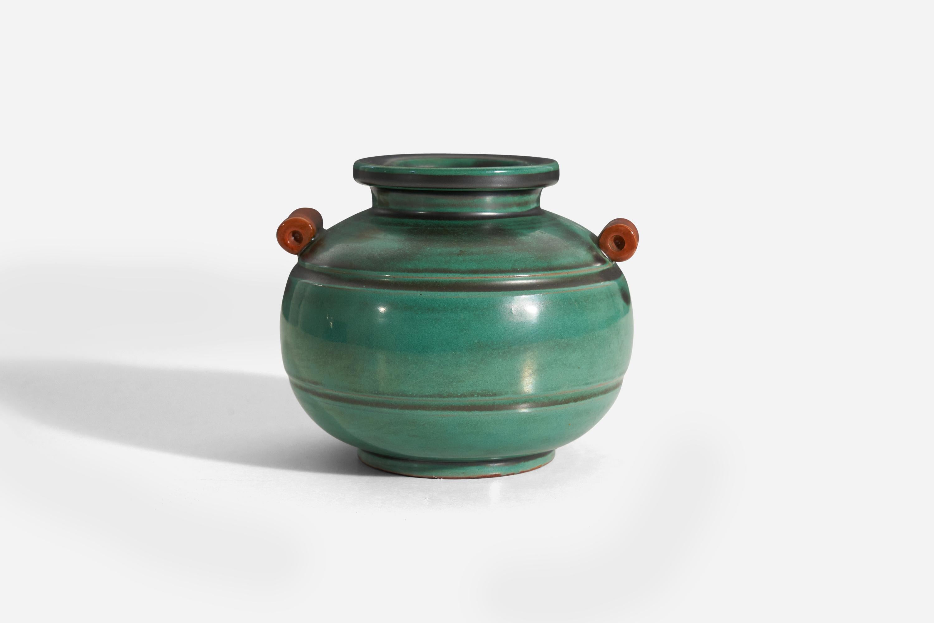 A green-glazed earthenware vase with orange handles produced by Upsala-Ekeby, Sweden, 1930s-1940s.
 