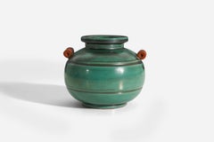 Upsala-Ekeby, Vase, Green and Orange-Glazed Incised Earthenware, Sweden, 1940s