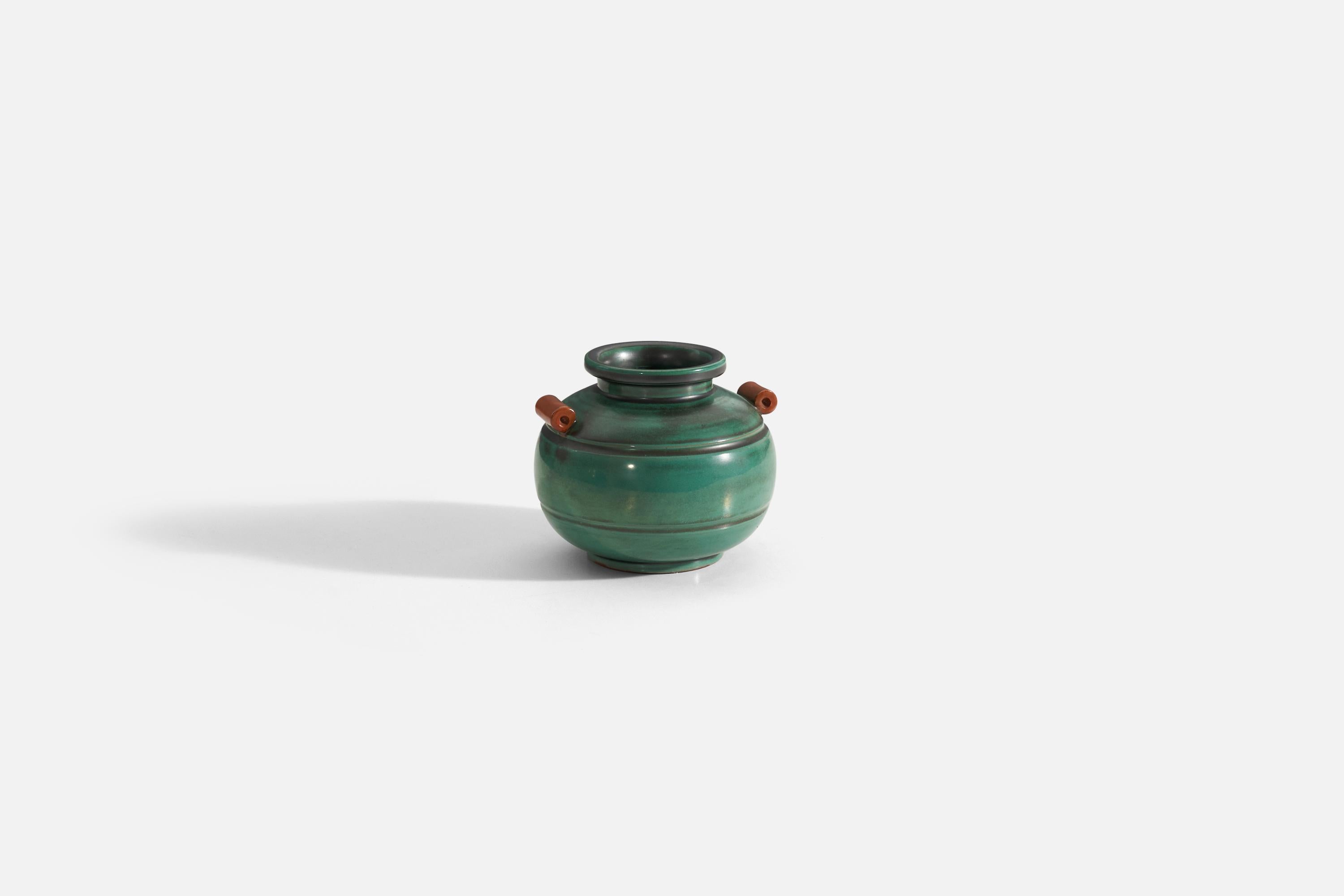 Art Deco Upsala-Ekeby, Vase, Green and Orange-Glazed Incised Earthenware, Sweden, 1940s For Sale