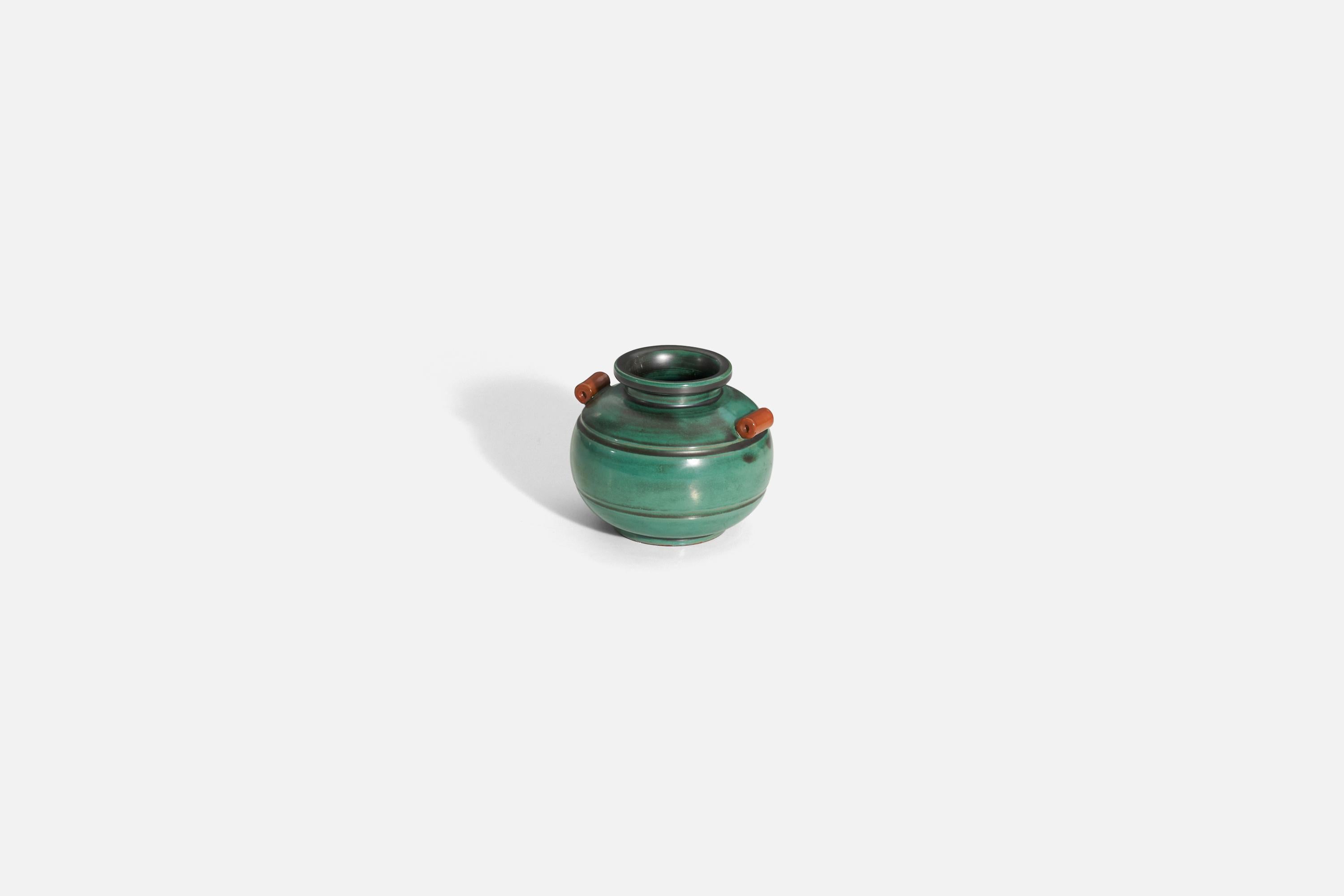 Swedish Upsala-Ekeby, Vase, Green and Orange-Glazed Incised Earthenware, Sweden, 1940s For Sale