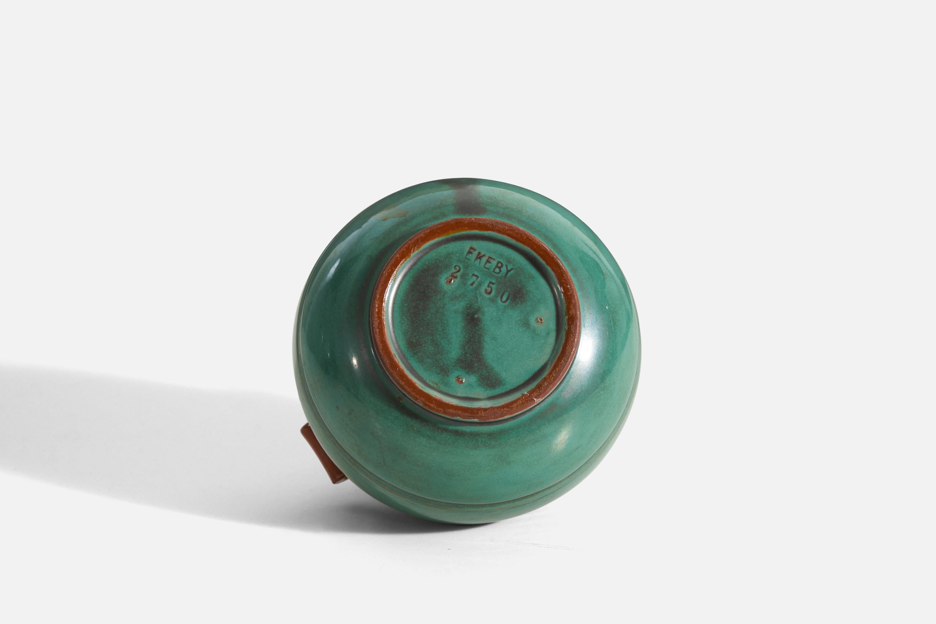 Mid-20th Century Upsala-Ekeby, Vase, Green and Orange-Glazed Incised Earthenware, Sweden, 1940s For Sale