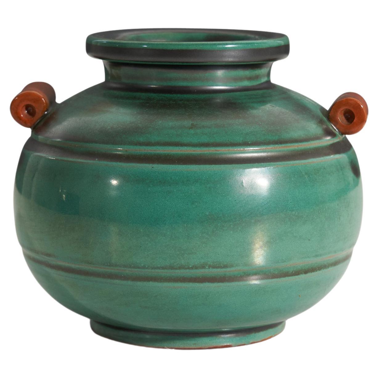 Upsala-Ekeby, Vase, Green and Orange-Glazed Incised Earthenware, Sweden, 1940s For Sale