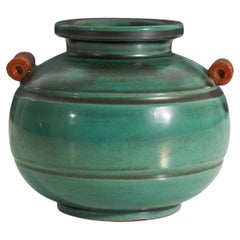 Upsala-Ekeby, Vase, Green and Orange-Glazed Incised Earthenware, Sweden, 1940s