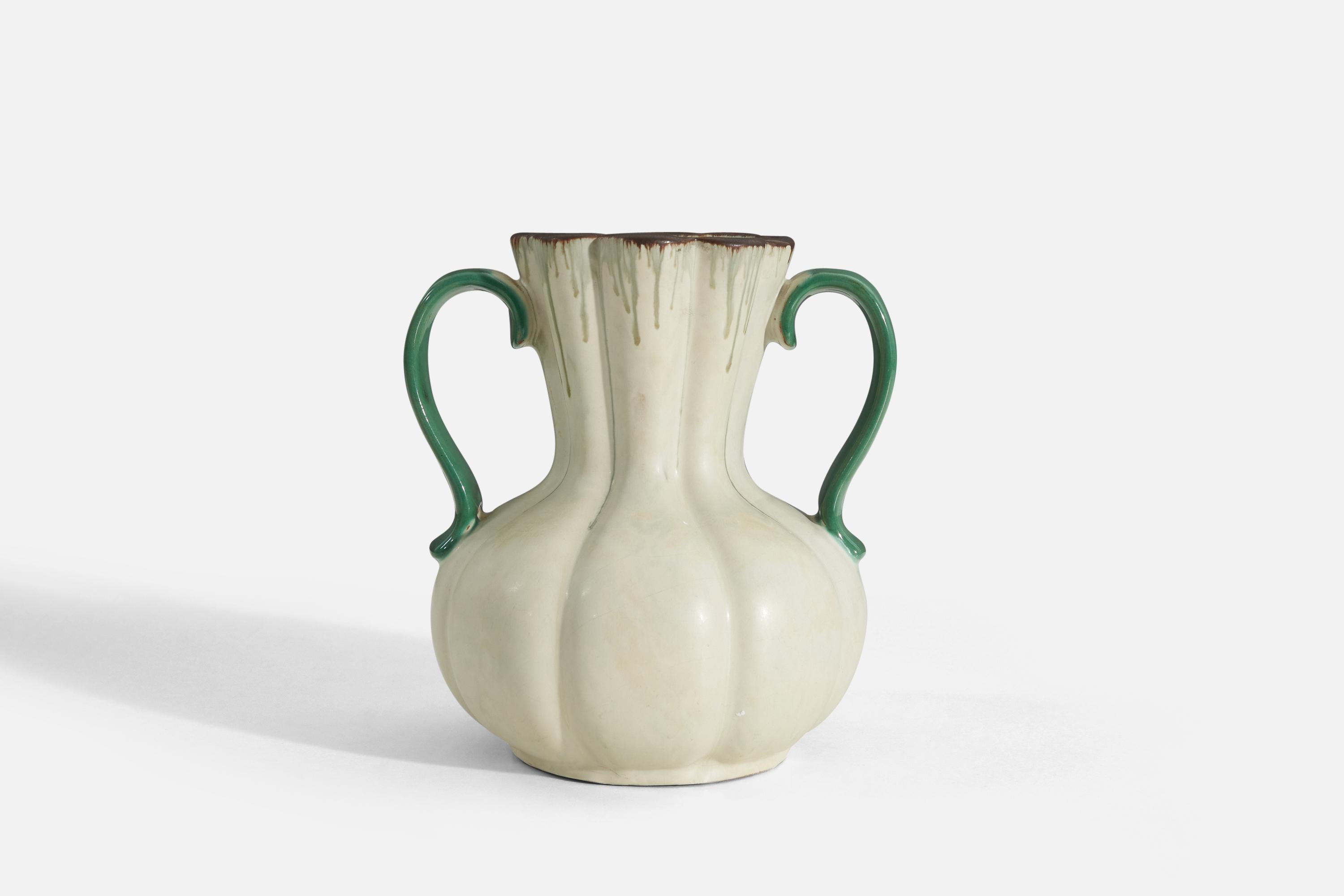 Upsala Ekeby, jarrón, loza vidriada verde y blanca, Suecia, años 40 Sueco en venta