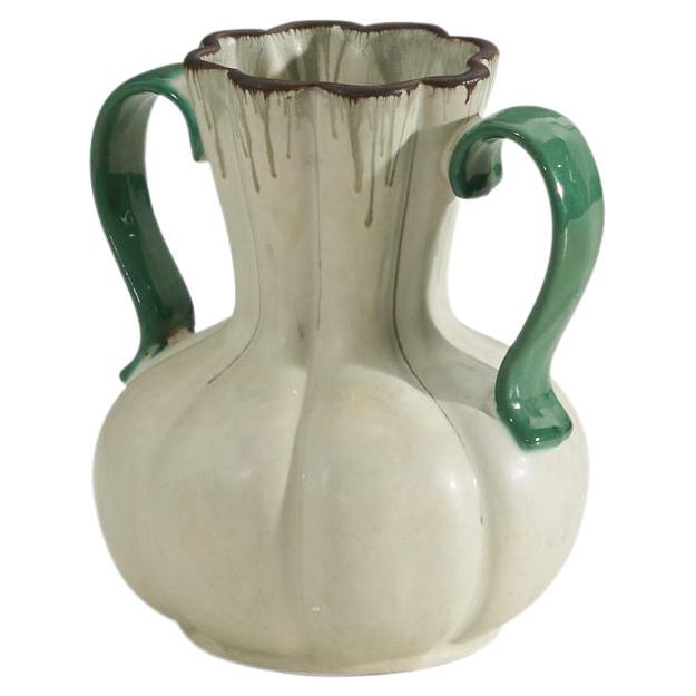 Upsala-Ekeby, Vase, Green and White-Glazed Earthenware, Sweden, 1940s