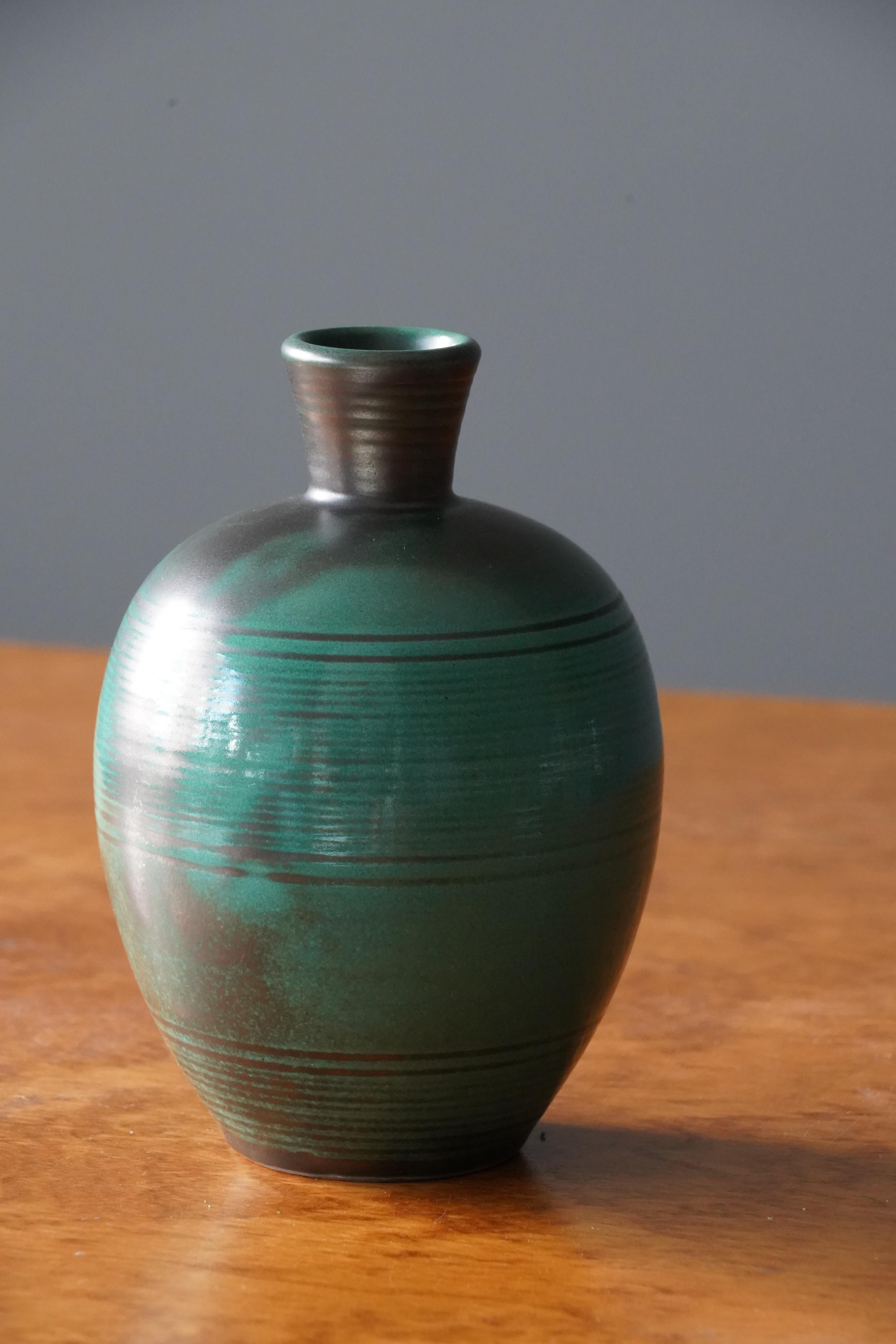 Art Deco Upsala-Ekeby, Vase, Green Black Glazed Earthenware, Sweden, 1940s