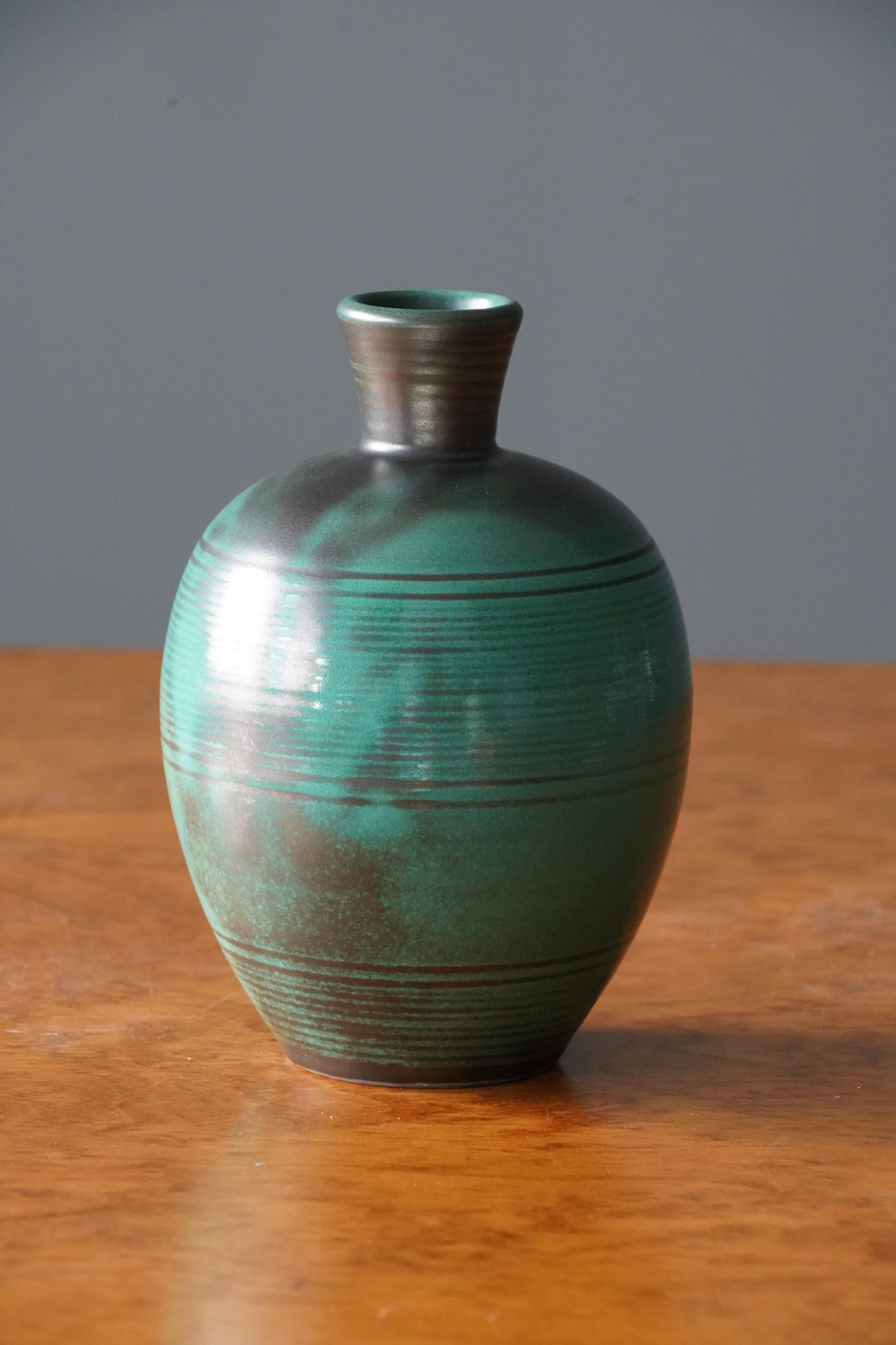 Swedish Upsala-Ekeby, Vase, Green Black Glazed Earthenware, Sweden, 1940s