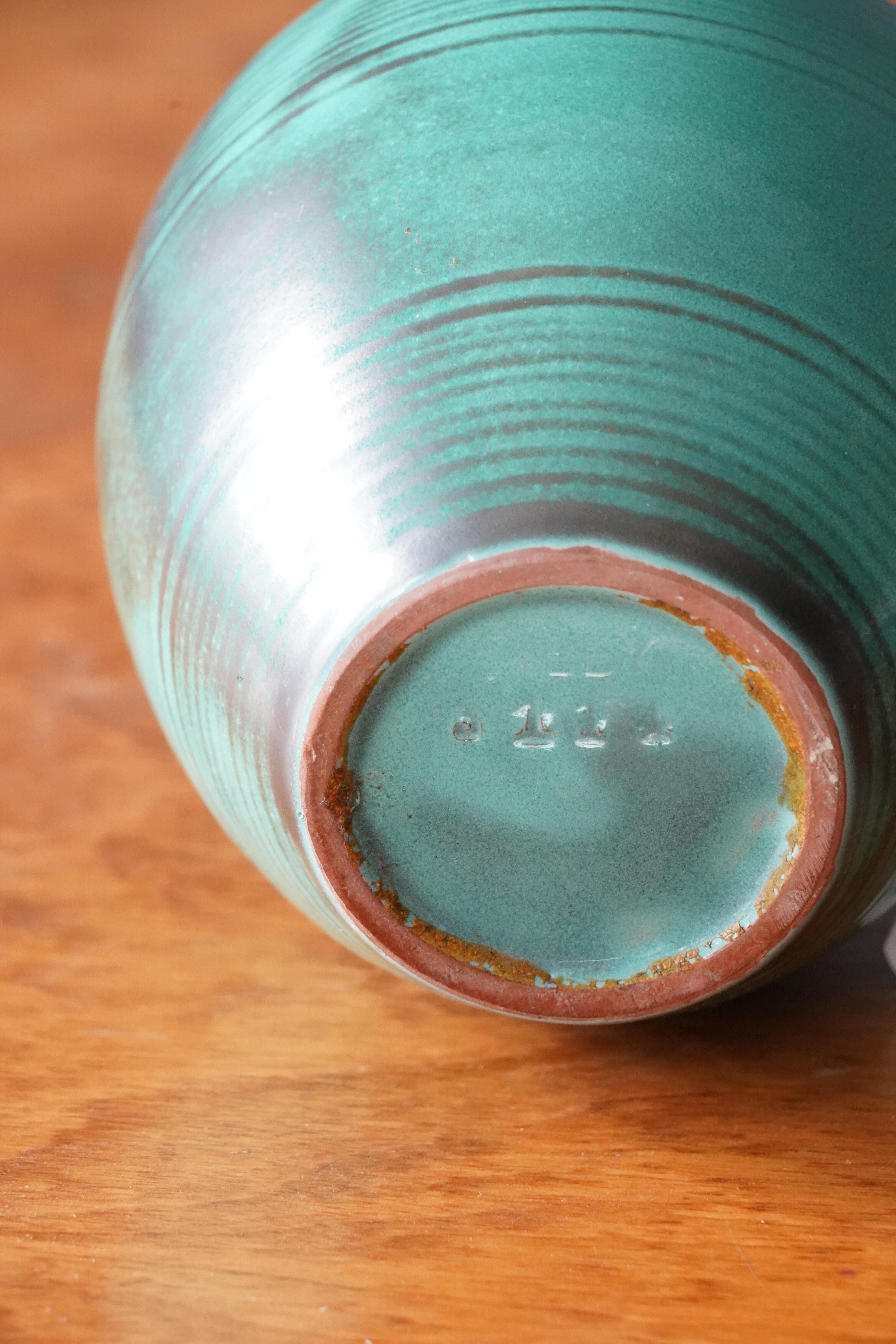 Upsala-Ekeby, Vase, Green Black Glazed Earthenware, Sweden, 1940s In Good Condition In High Point, NC
