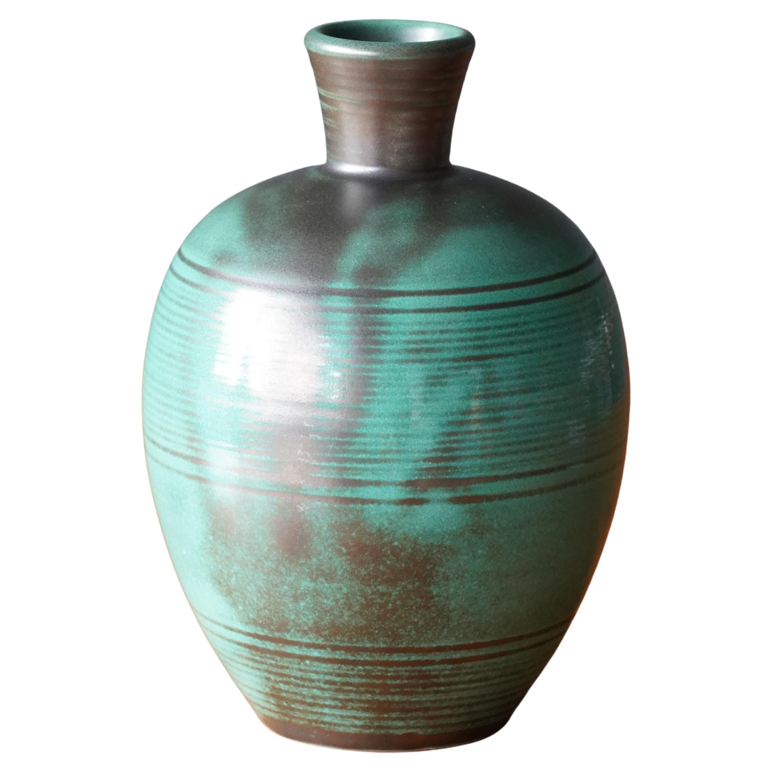 Upsala-Ekeby, Vase, Green Black Glazed Earthenware, Sweden, 1940s