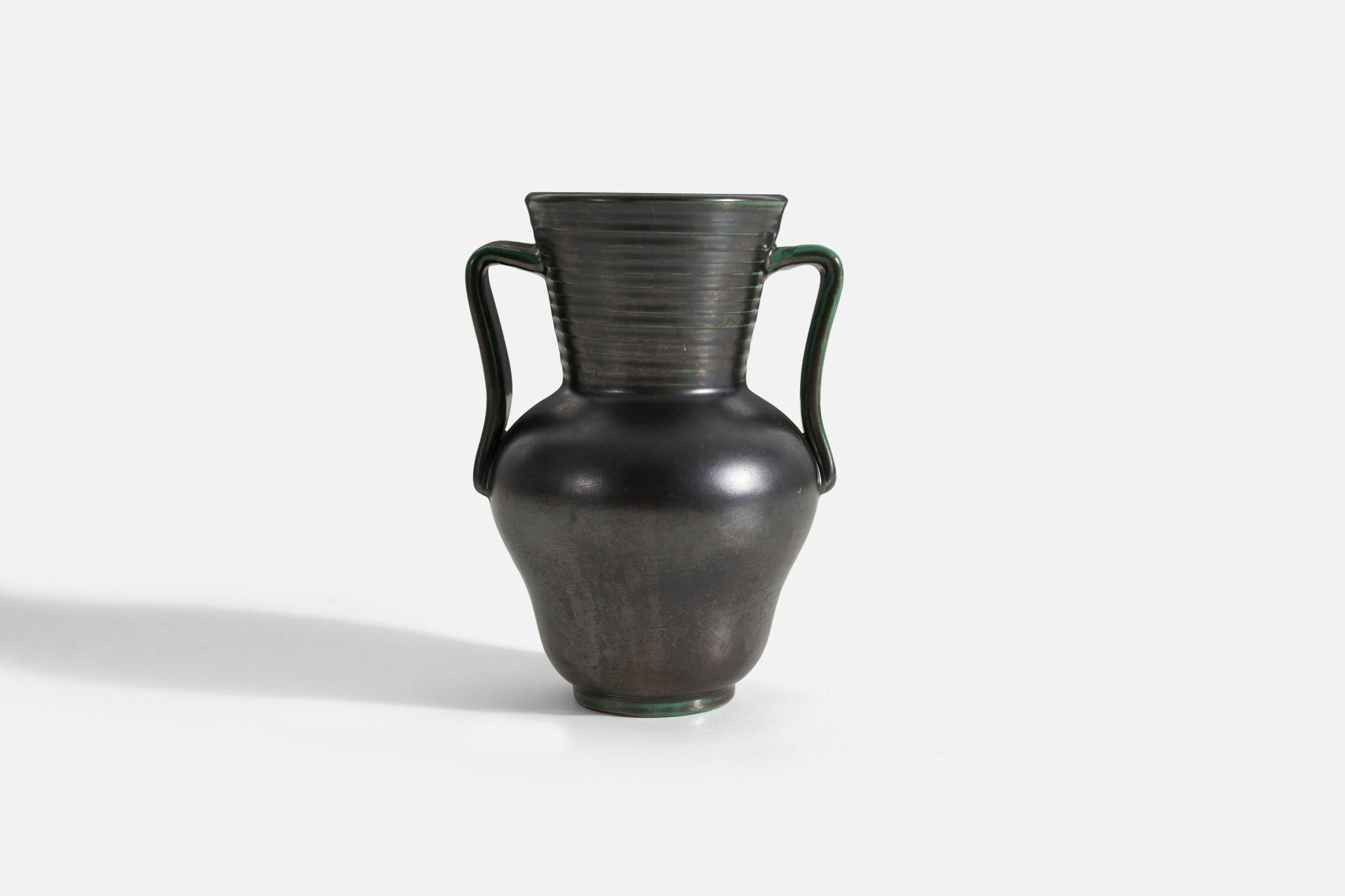 A black-glazed earthenware vase with green undertones and large handles produced by Upsala-Ekeby, Sweden, 1940s.