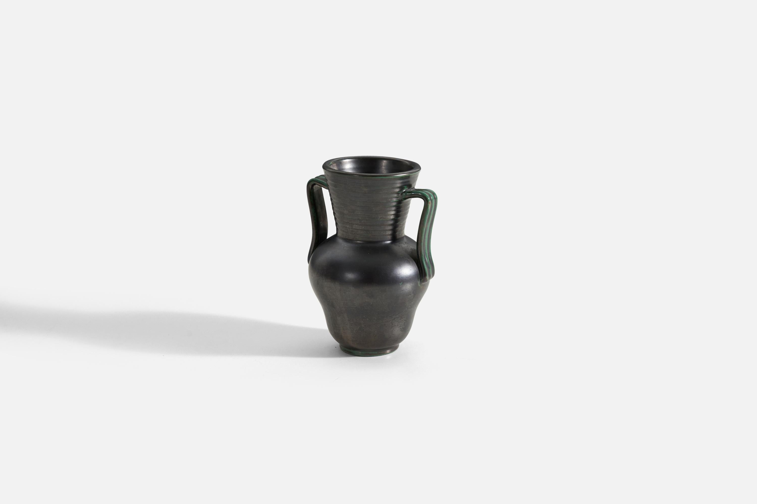 Art Deco Upsala-Ekeby, Vase, Green / Black-Glazed Incised Earthenware, Sweden, 1940s For Sale