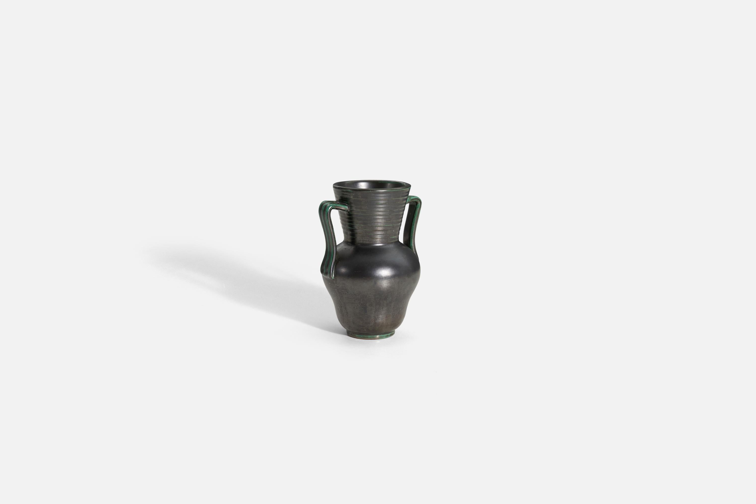 Swedish Upsala-Ekeby, Vase, Green / Black-Glazed Incised Earthenware, Sweden, 1940s For Sale