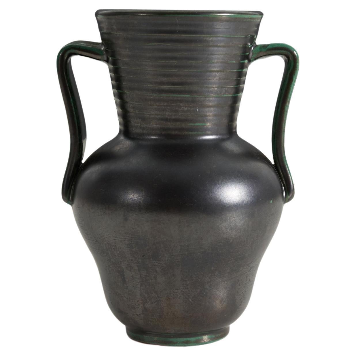 Upsala-Ekeby, Vase, Green / Black-Glazed Incised Earthenware, Sweden, 1940s For Sale