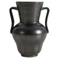 Upsala-Ekeby, Vase, Green / Black-Glazed Incised Earthenware, Sweden, 1940s